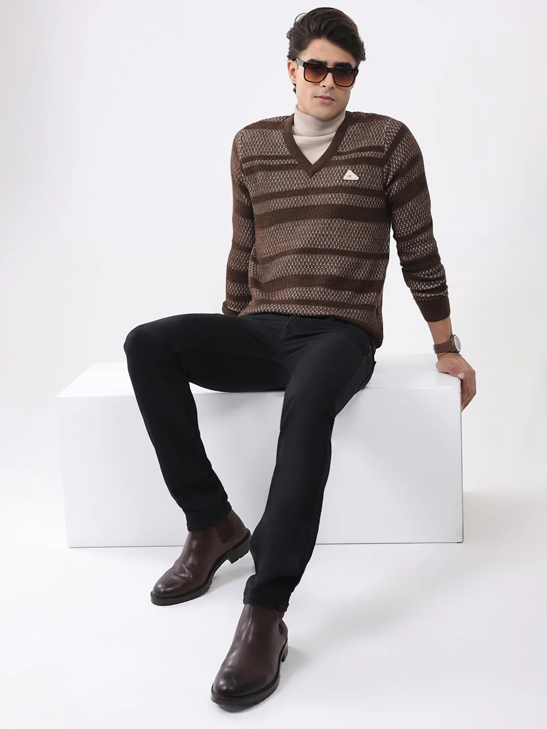 Men Brown Abstract V Neck Full Sleeve Pullover - Image 2