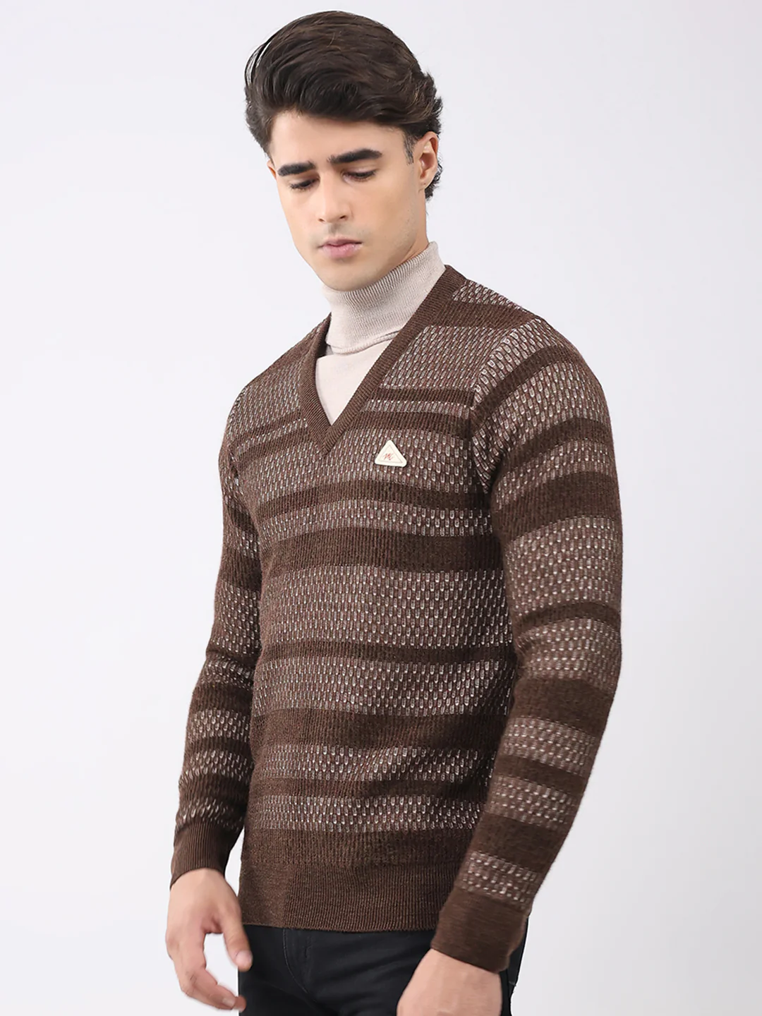 Men Brown Abstract V Neck Full Sleeve Pullover - Image 3