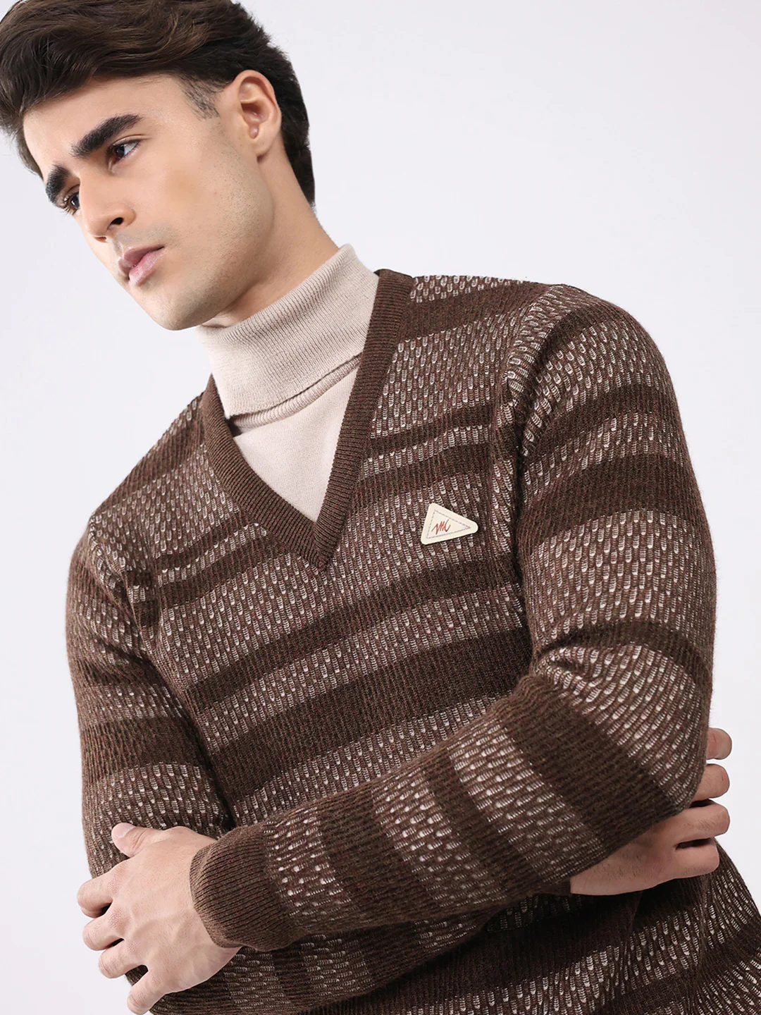 Men Brown Abstract V Neck Full Sleeve Pullover - Image 6