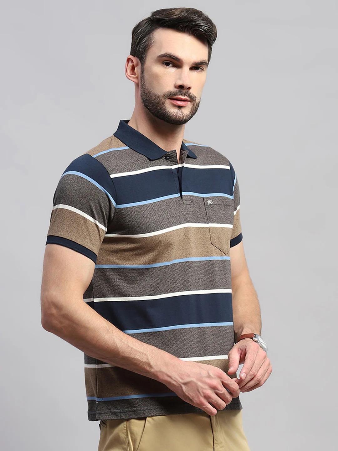 Men Brown & Blue Stripe Collar Half Sleeve T-Shirt - Image 4