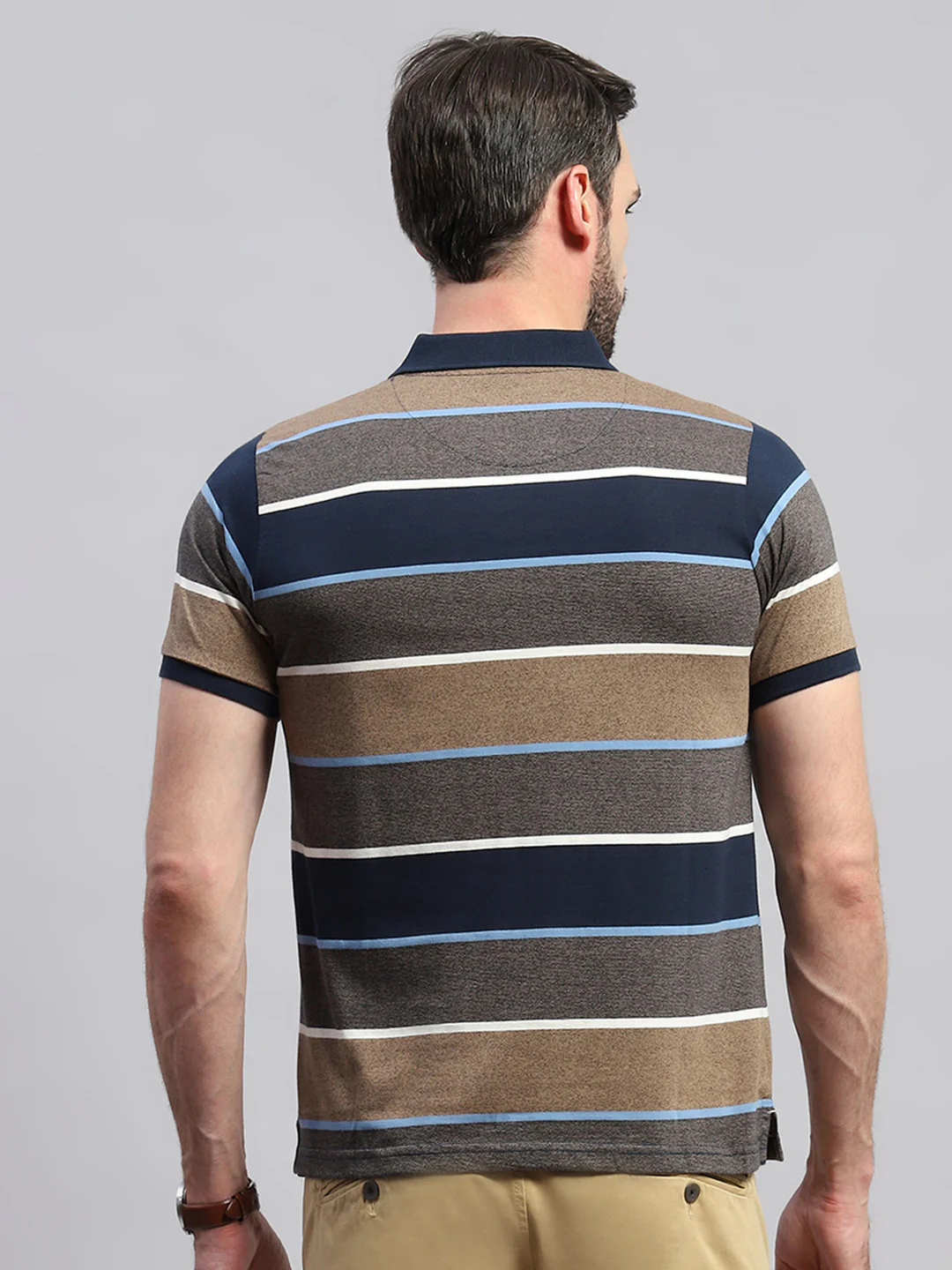 Men Brown & Blue Stripe Collar Half Sleeve T-Shirt - Image 5