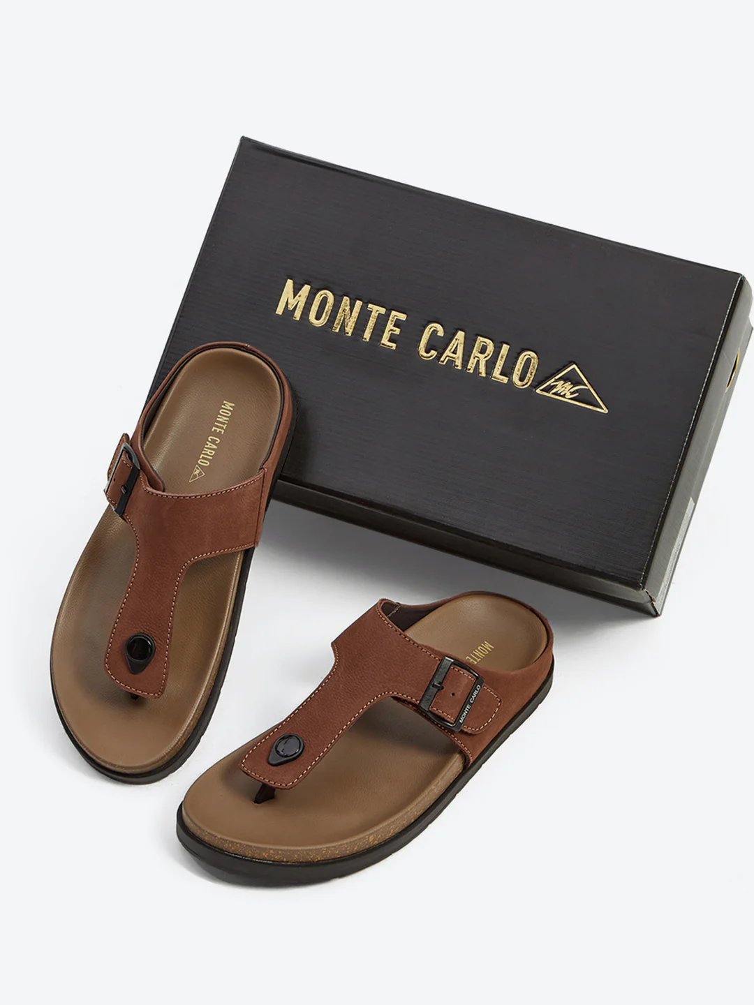 Men Brown Buckle Design Leather Slipper - Image 2