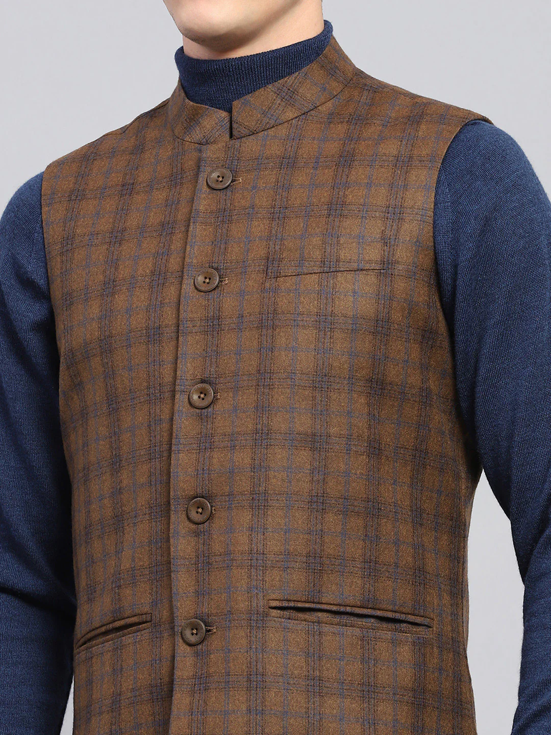 Men Brown Check Band Collar Sleeveless Jacket - Image 6