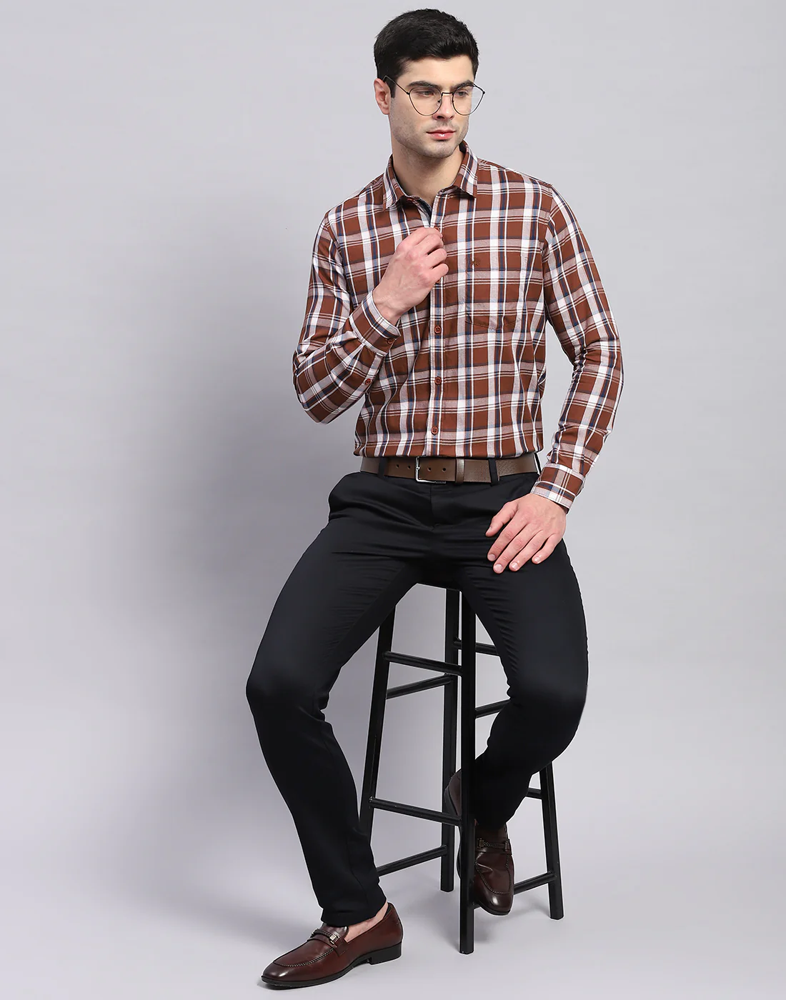 Men Brown Check Collar Full Sleeve Shirt - Image 2