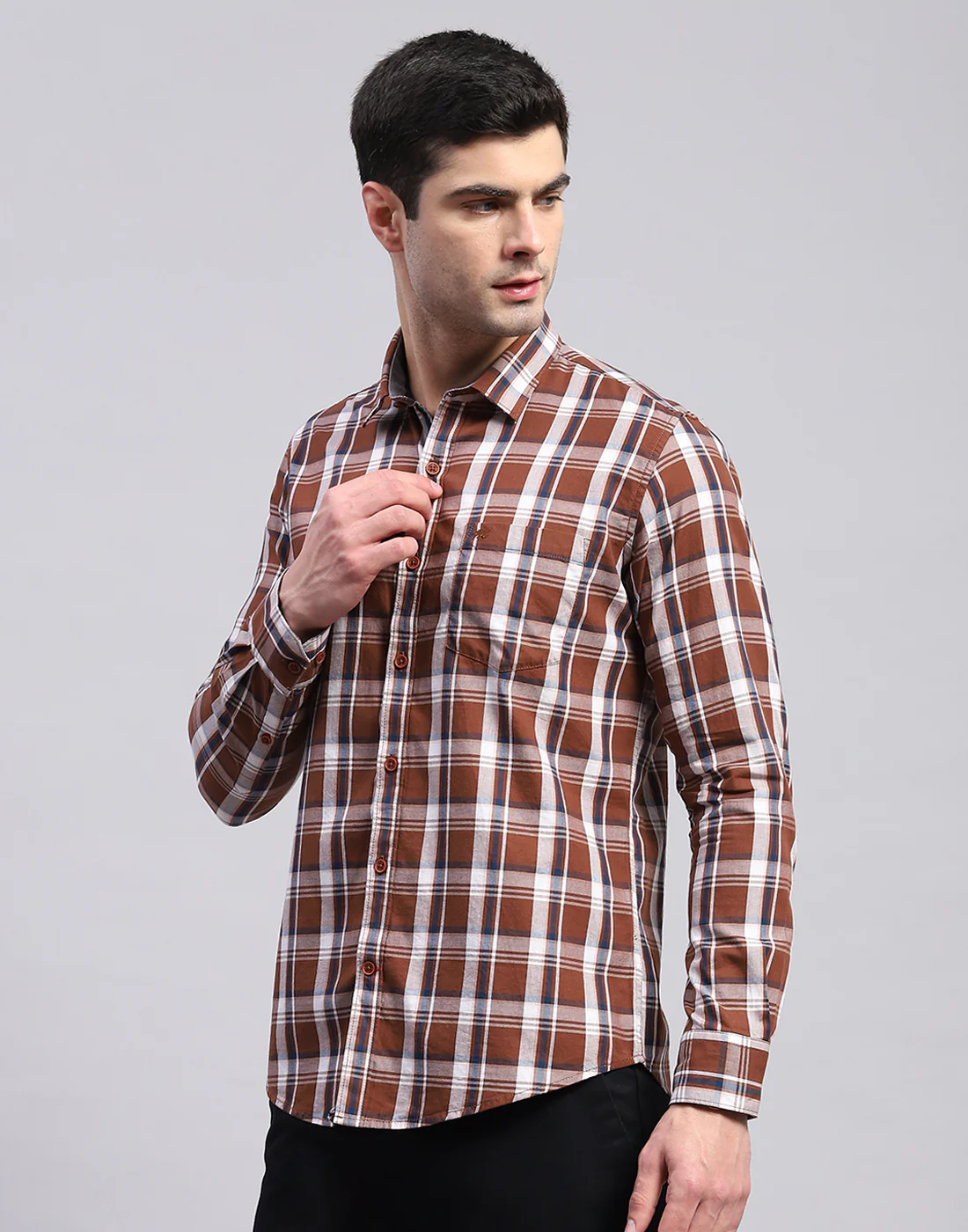 Men Brown Check Collar Full Sleeve Shirt - Image 4