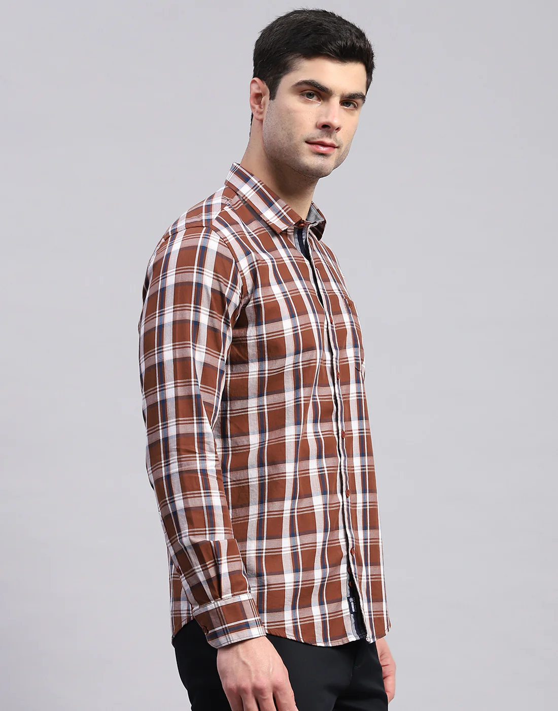 Men Brown Check Collar Full Sleeve Shirt - Image 5