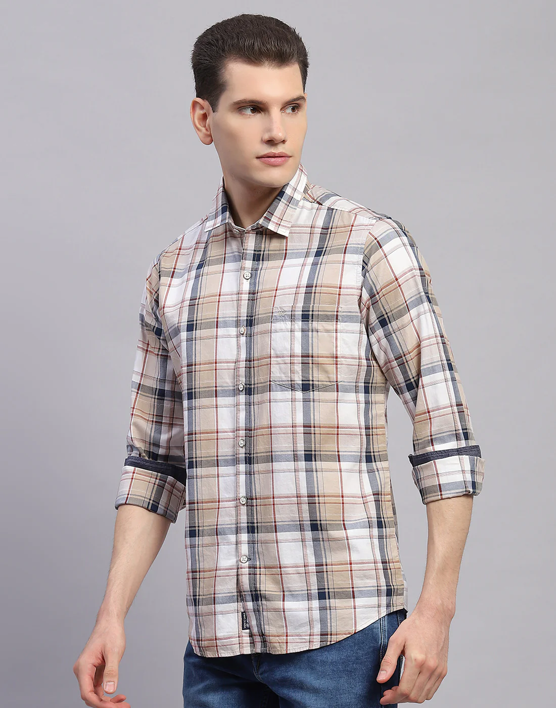Men Brown Check Collar Full Sleeve Shirt - Image 3