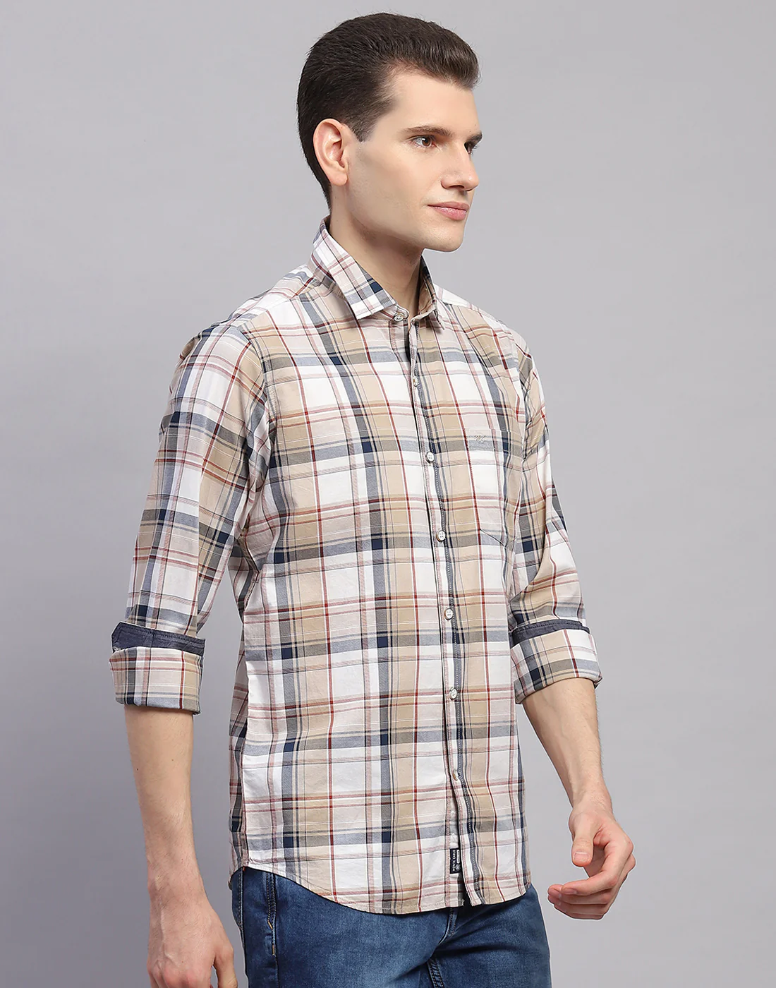 Men Brown Check Collar Full Sleeve Shirt - Image 4
