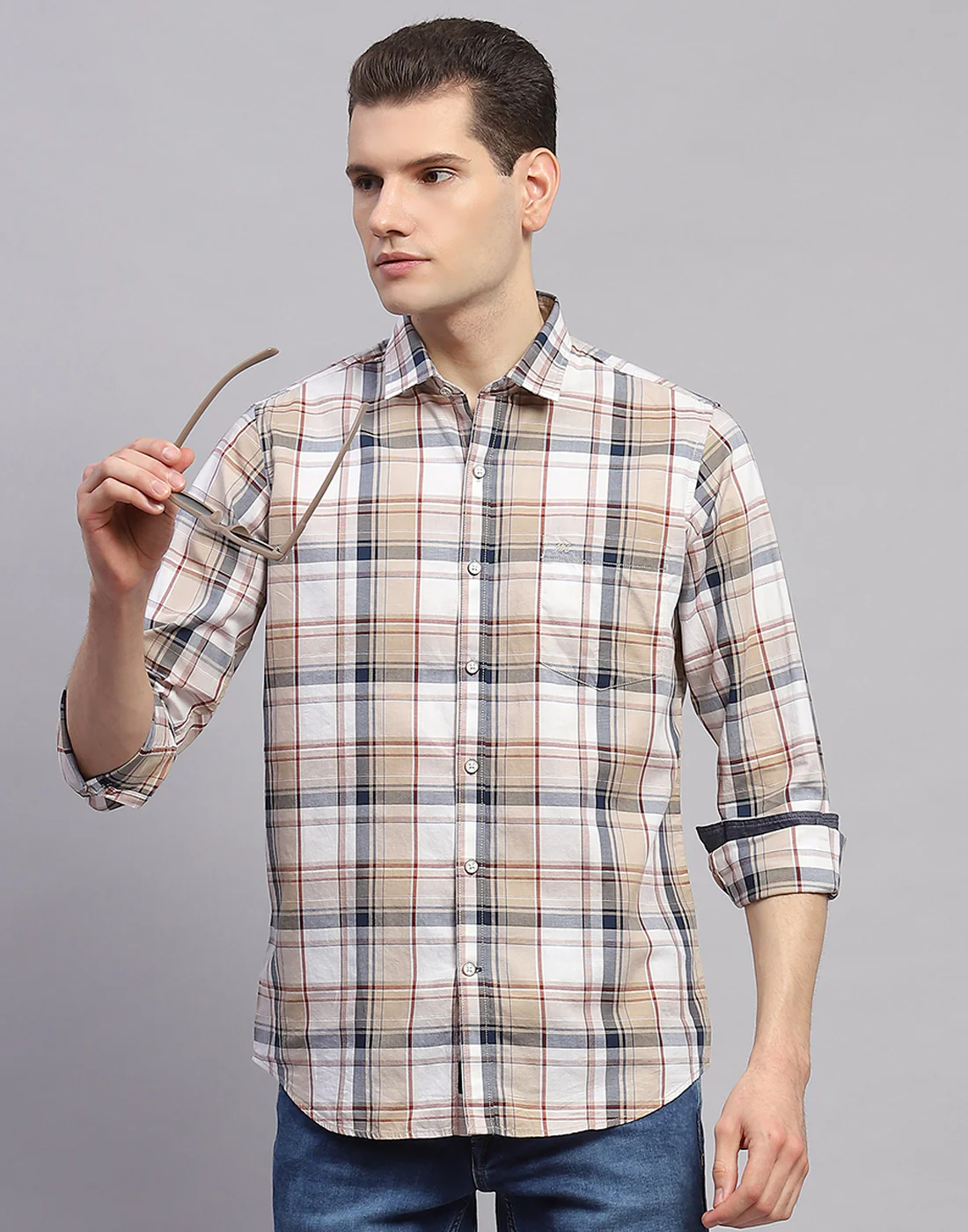 Men Brown Check Collar Full Sleeve Shirt - Image 6