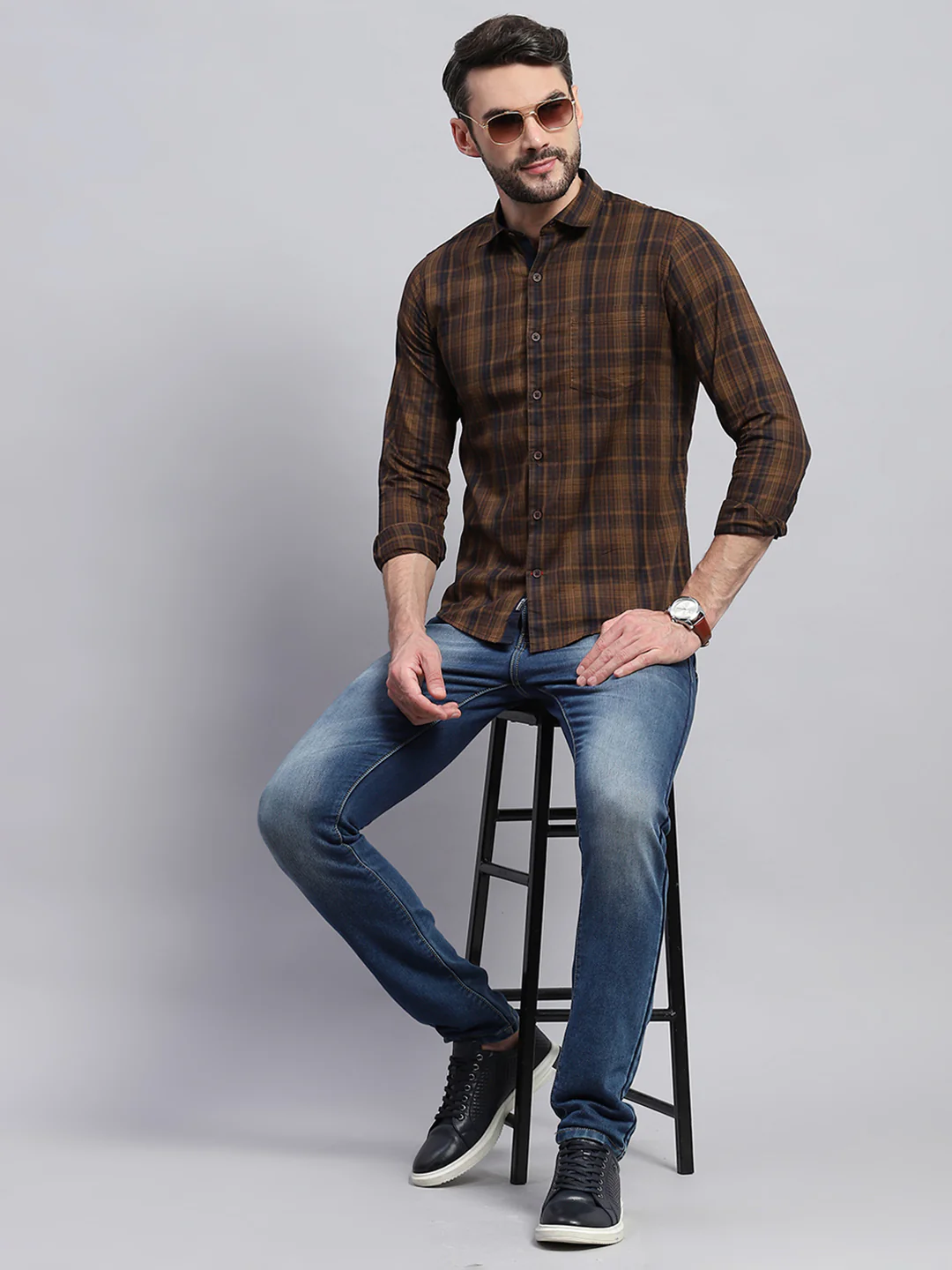 Men Brown Check Collar Full Sleeve Shirt - Image 2