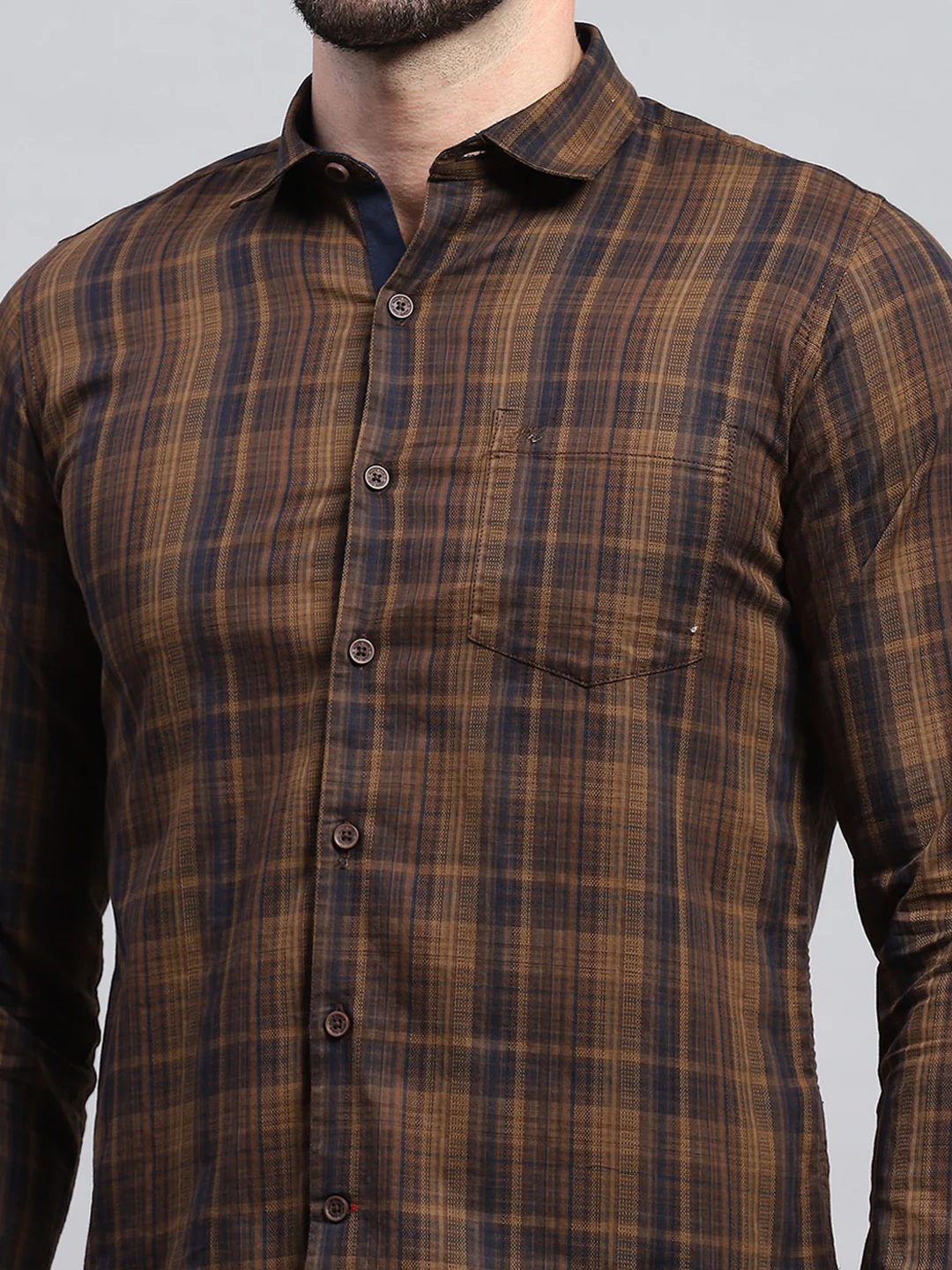 Men Brown Check Collar Full Sleeve Shirt - Image 6