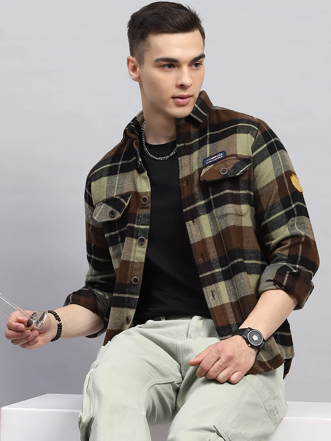 Men Brown Check Collar Full Sleeve Shirt - Image 6