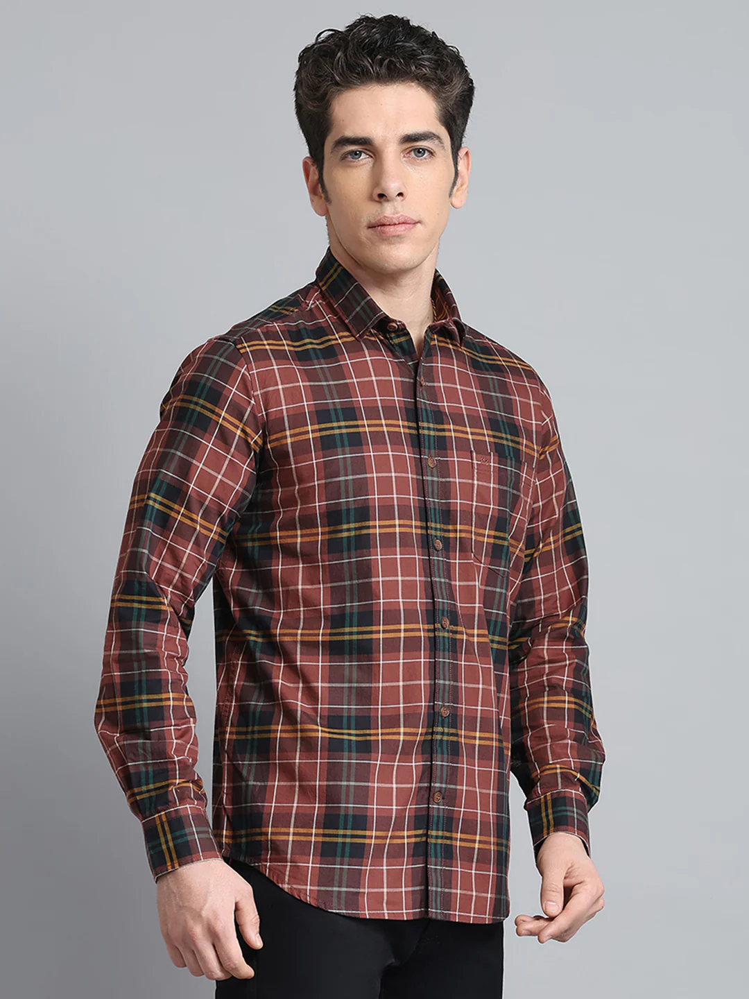 Men Brown Check Collar Full Sleeve Shirt - Image 4