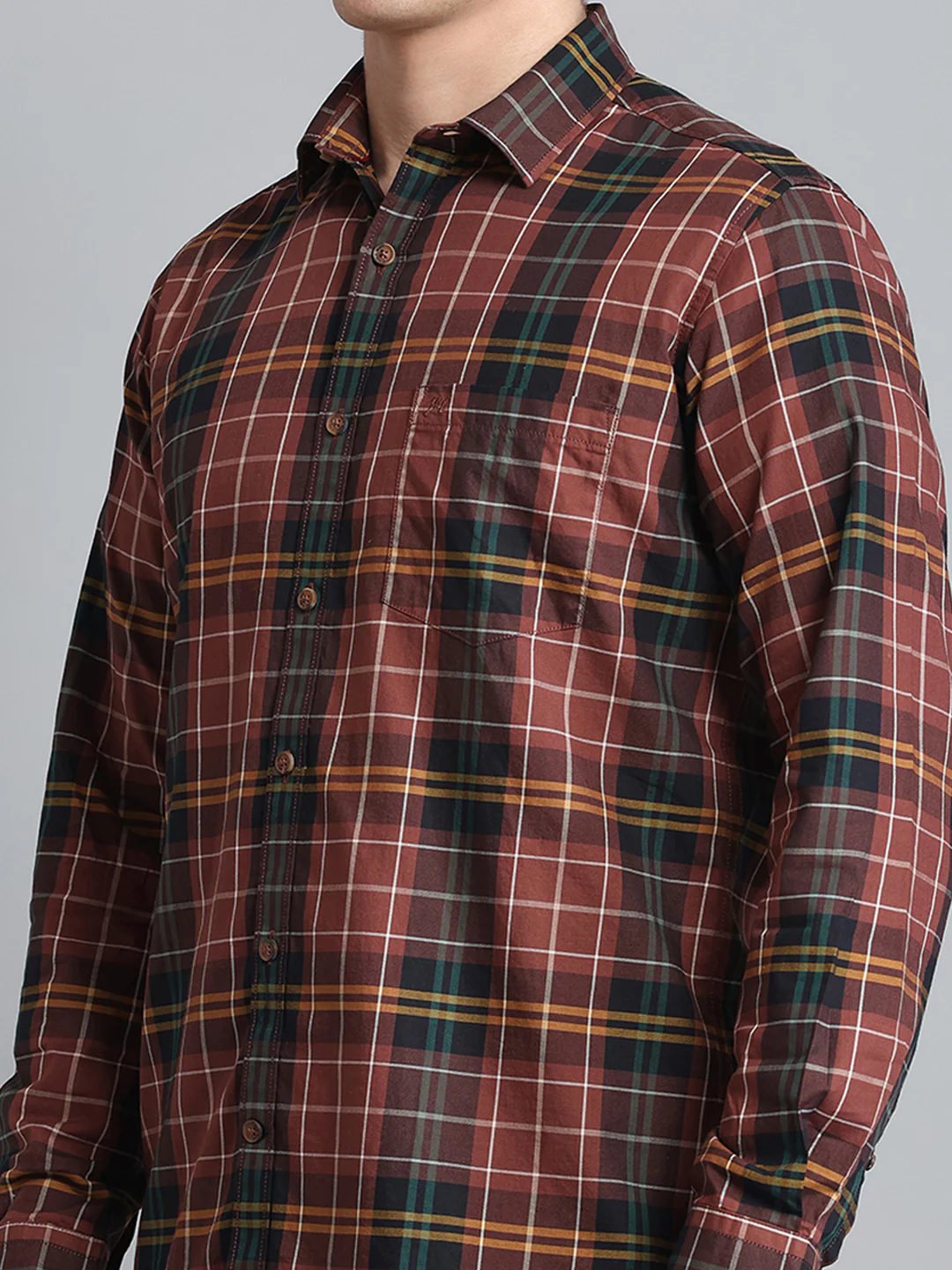 Men Brown Check Collar Full Sleeve Shirt - Image 6