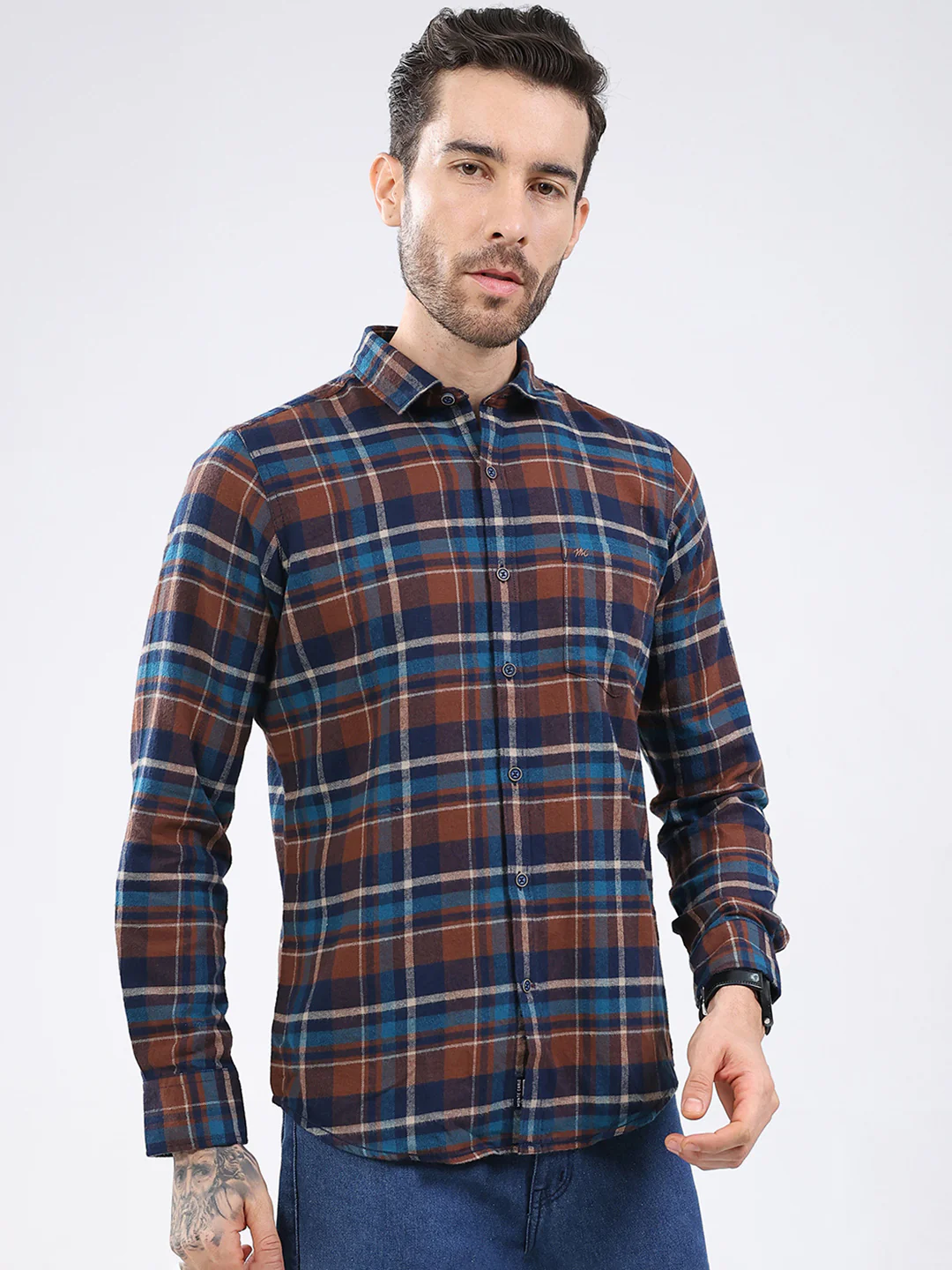 Men Brown Check Collar Full Sleeve Shirt - Image 4