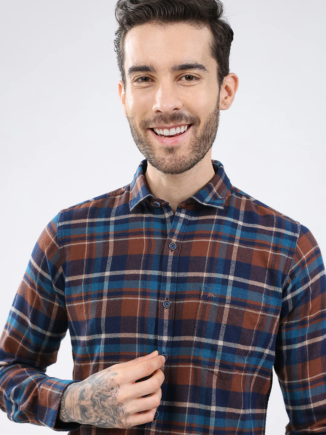 Men Brown Check Collar Full Sleeve Shirt - Image 6