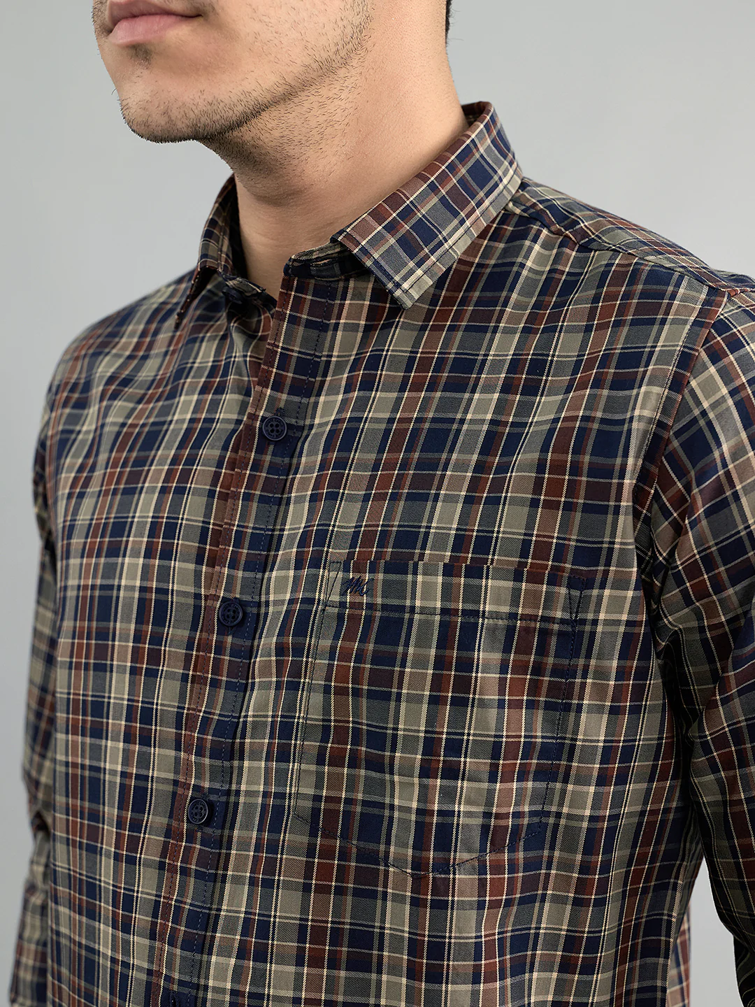 Men Brown Check Collar Full Sleeve Shirt - Image 5