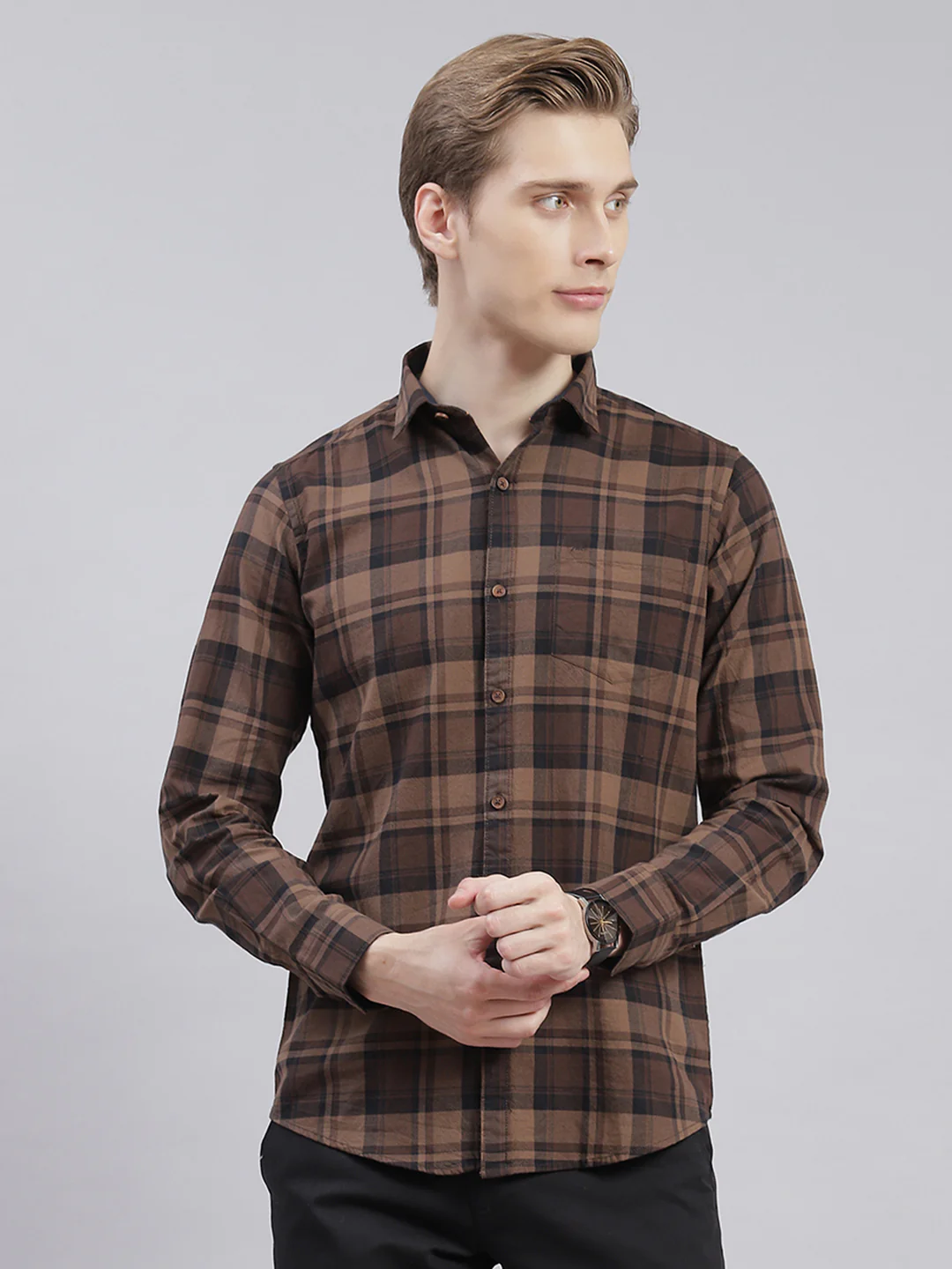 Men Brown Check Collar Full Sleeve Shirts - Image 2