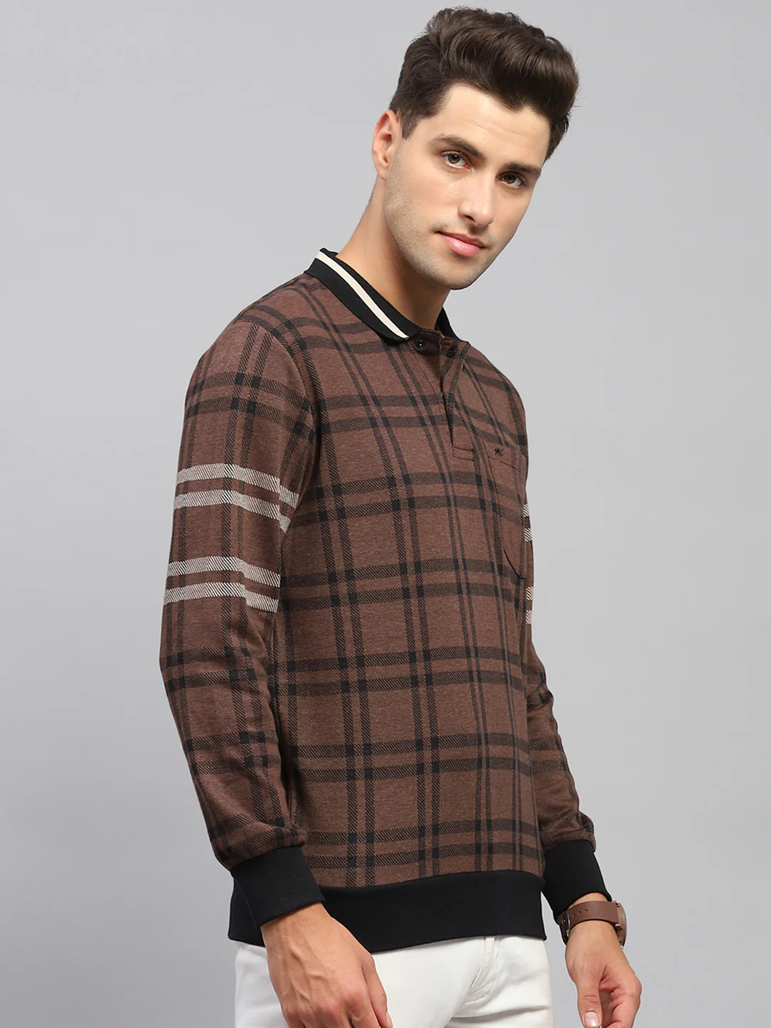 Men Brown Check Collar Full Sleeve Winter T-Shirt - Image 4