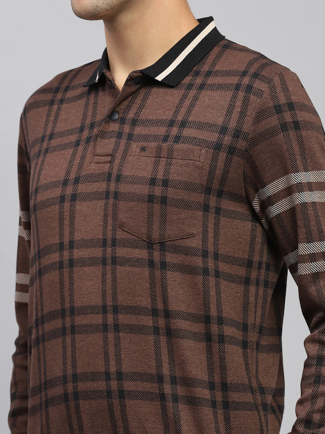 Men Brown Check Collar Full Sleeve Winter T-Shirt - Image 6