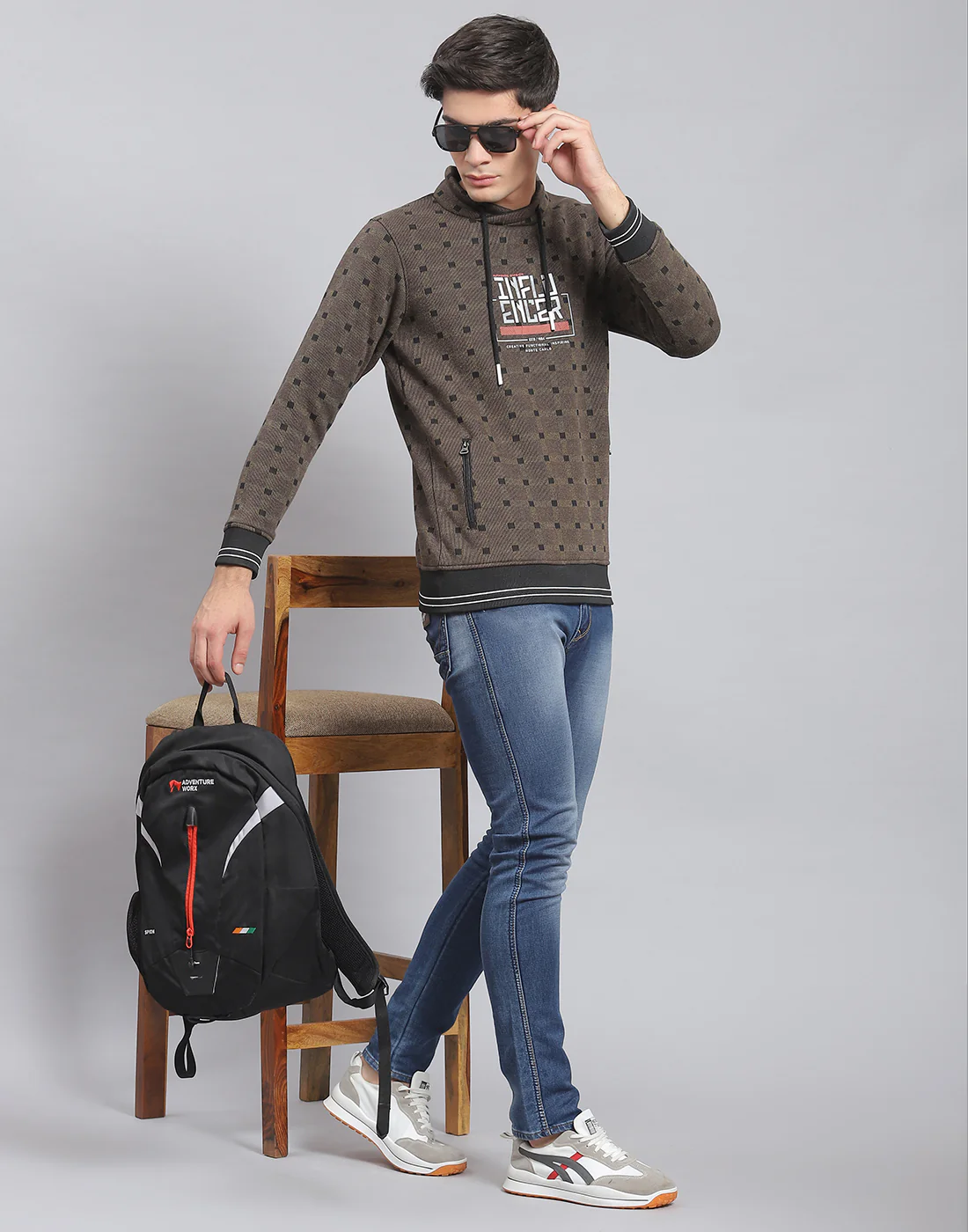 Men Brown Check F Neck Full Sleeve Sweatshirt - Image 2