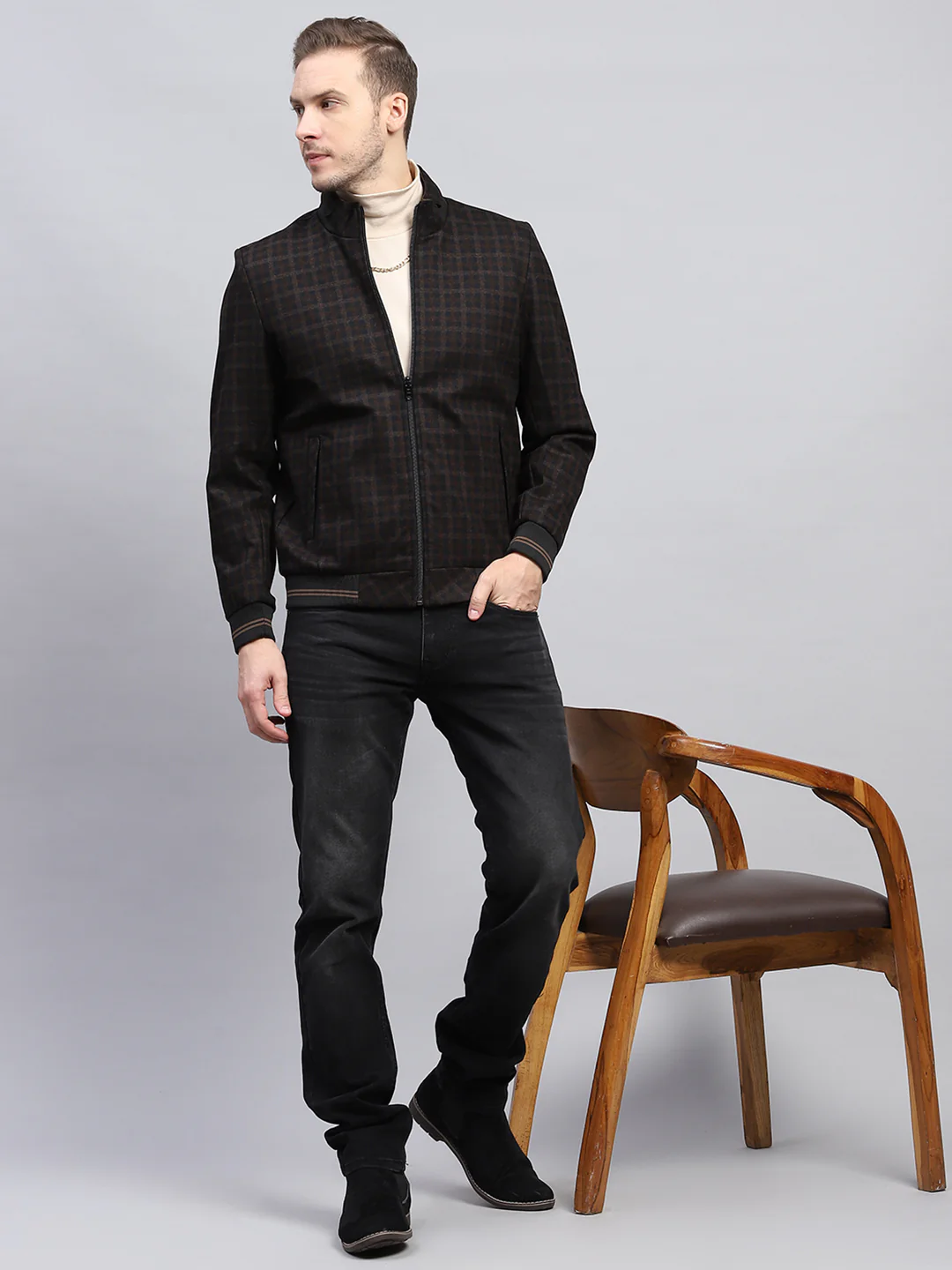 Men Brown Check Mock Neck Full Sleeve Jacket - Image 2