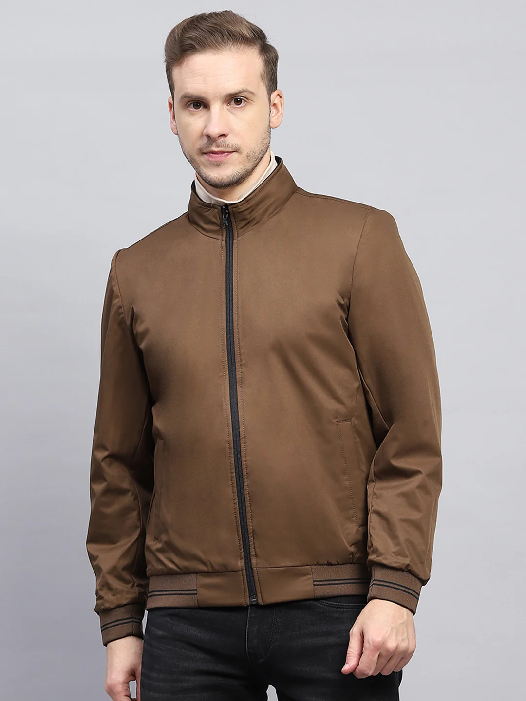 Men Brown Check Mock Neck Full Sleeve Jacket - Image 6