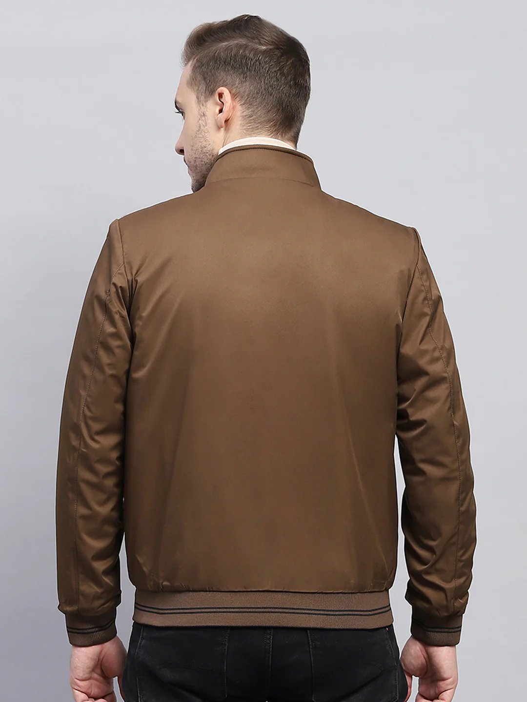 Men Brown Check Mock Neck Full Sleeve Jacket - Image 8