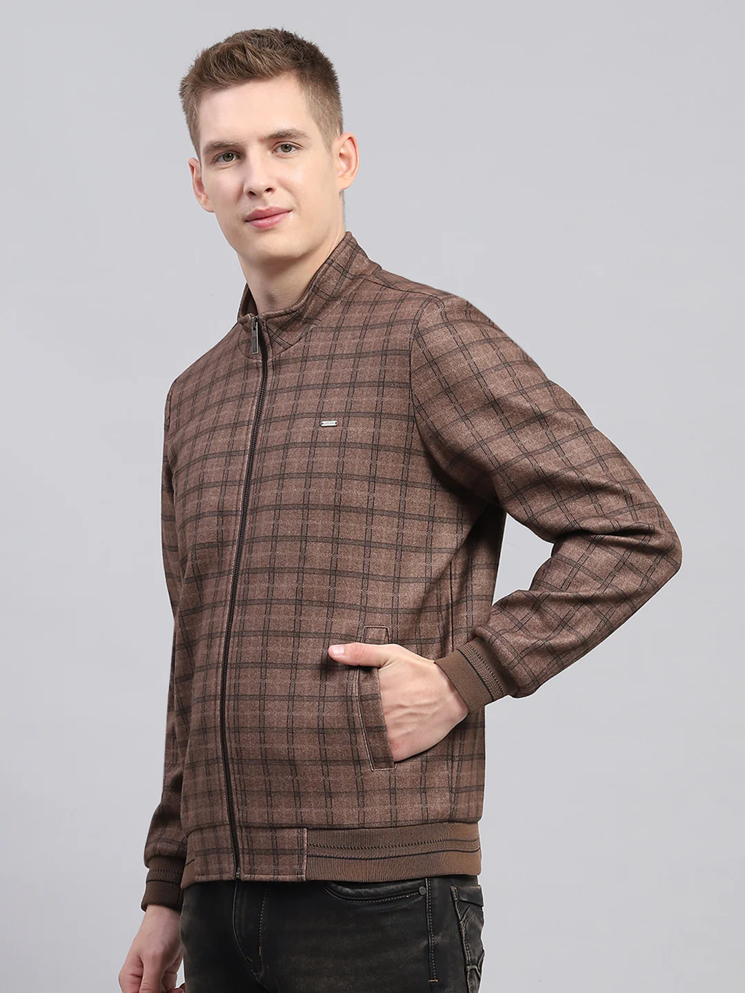 Men Brown Check Mock Neck Full Sleeve Jacket - Image 3