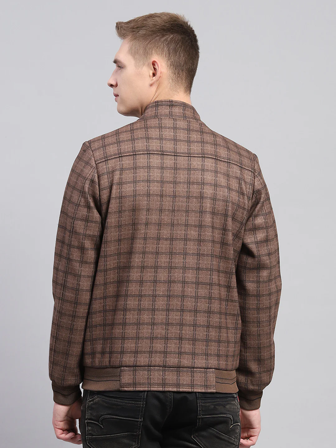 Men Brown Check Mock Neck Full Sleeve Jacket - Image 5