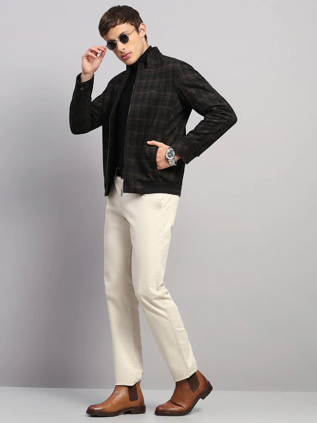 Men Brown Check Mock Neck Full Sleeve Jacket - Image 2