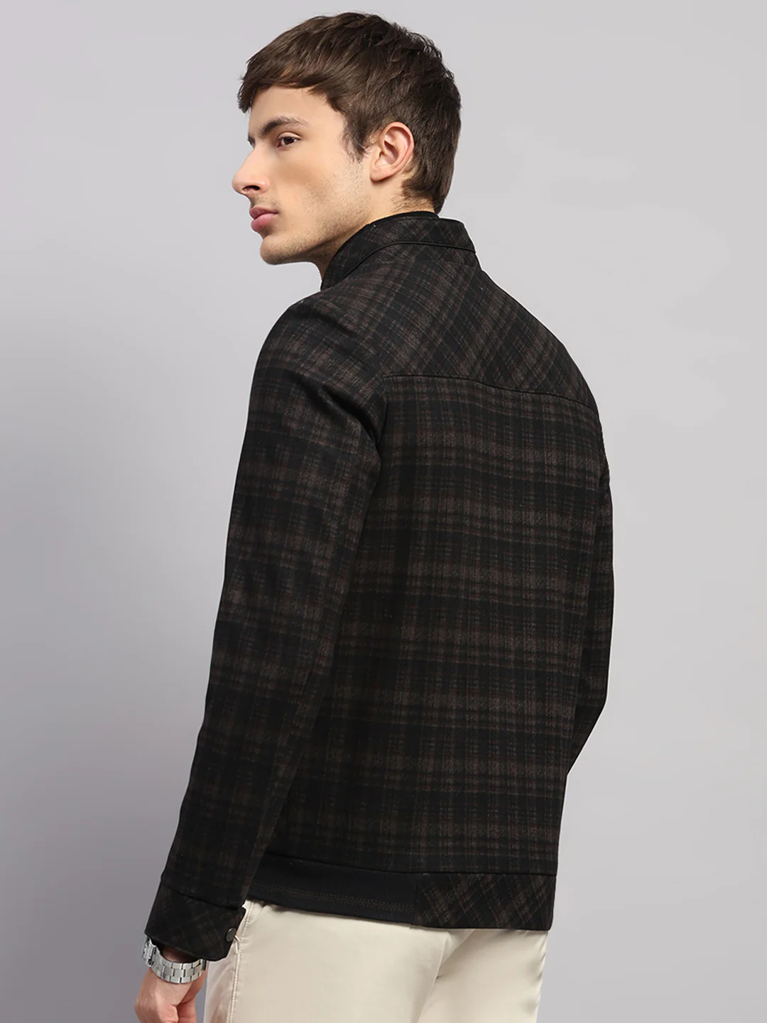 Men Brown Check Mock Neck Full Sleeve Jacket - Image 5