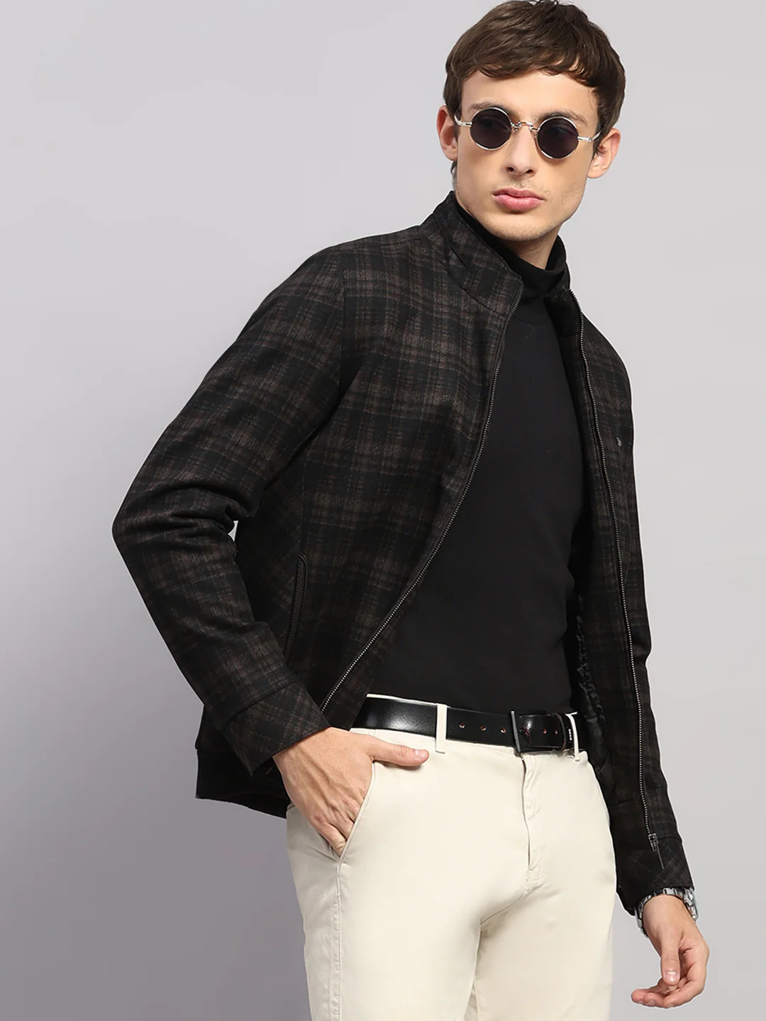 Men Brown Check Mock Neck Full Sleeve Jacket - Image 6