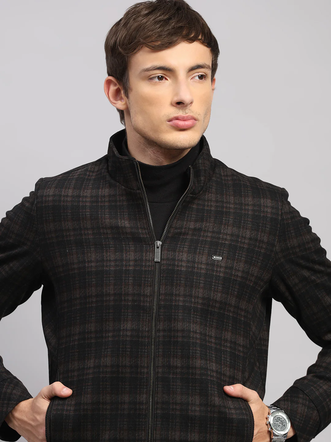 Men Brown Check Mock Neck Full Sleeve Jacket - Image 7