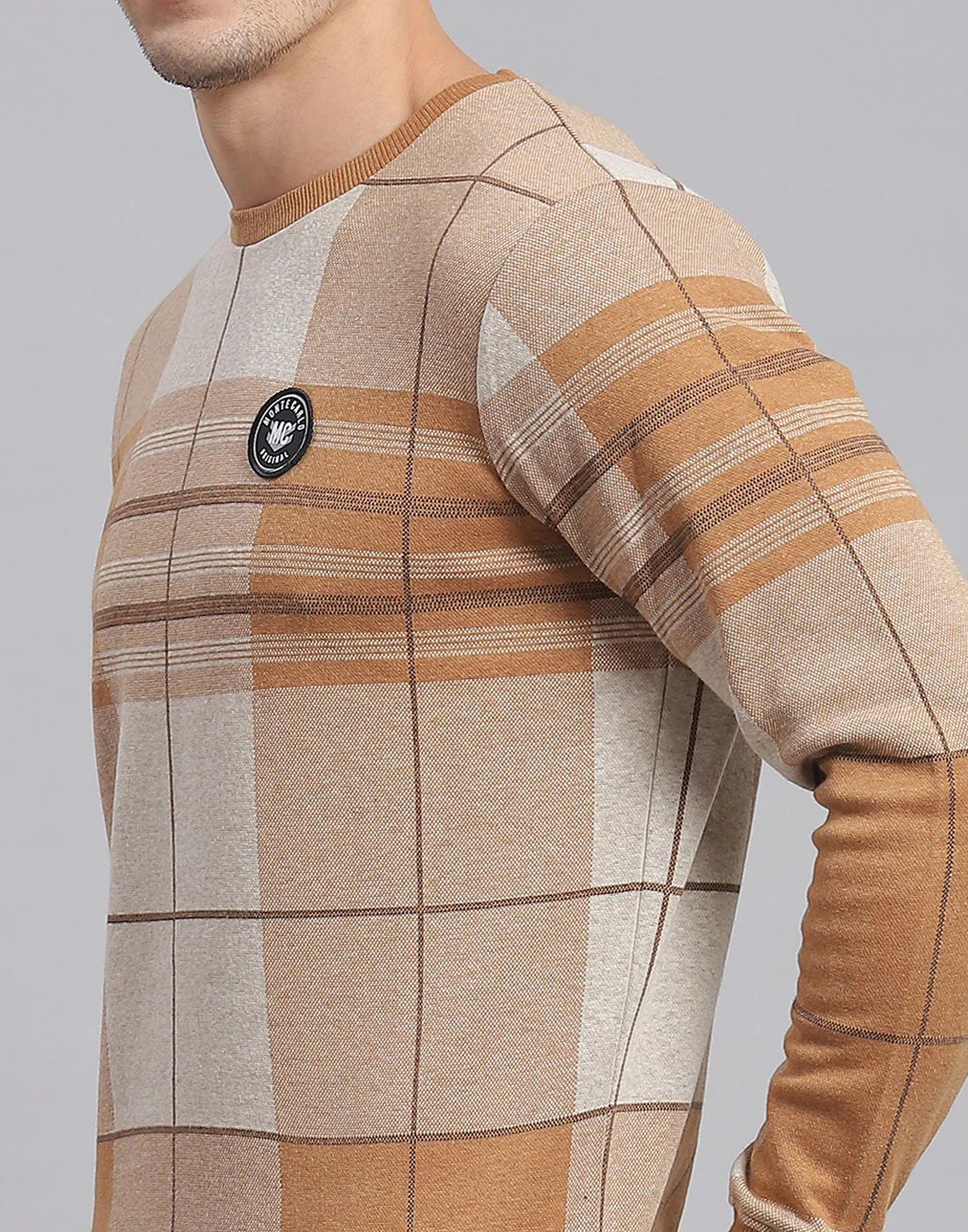 Men Brown Check Round Neck Full Sleeve Sweatshirt - Image 7