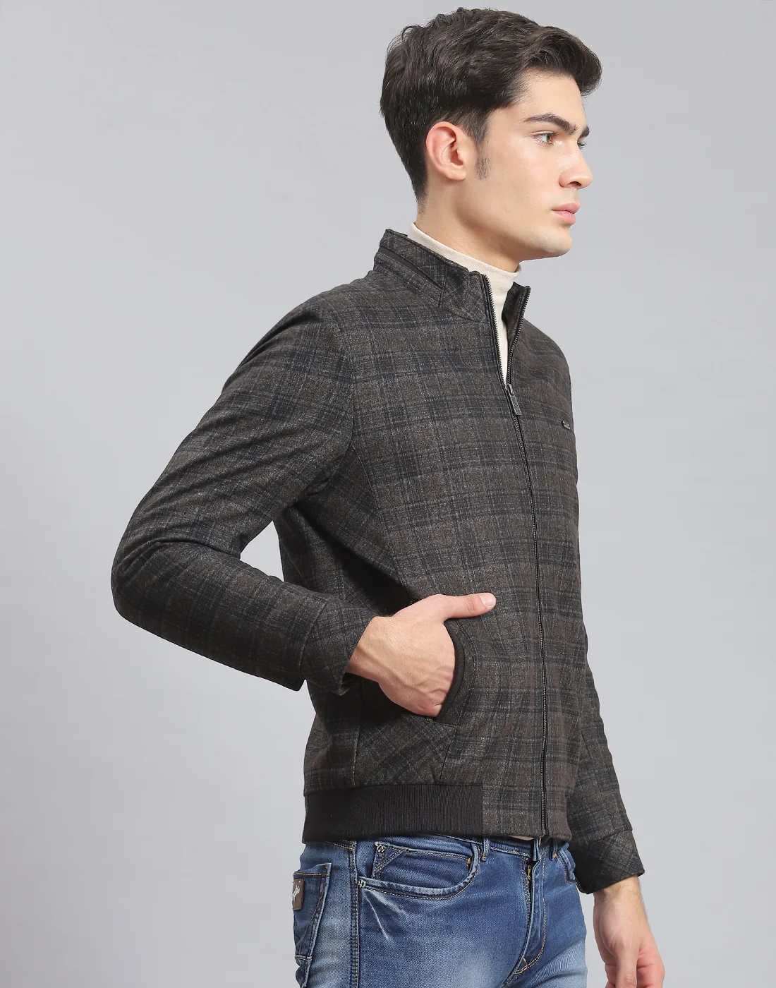 Men Brown Check Stand Collar Full Sleeve Coat - Image 4