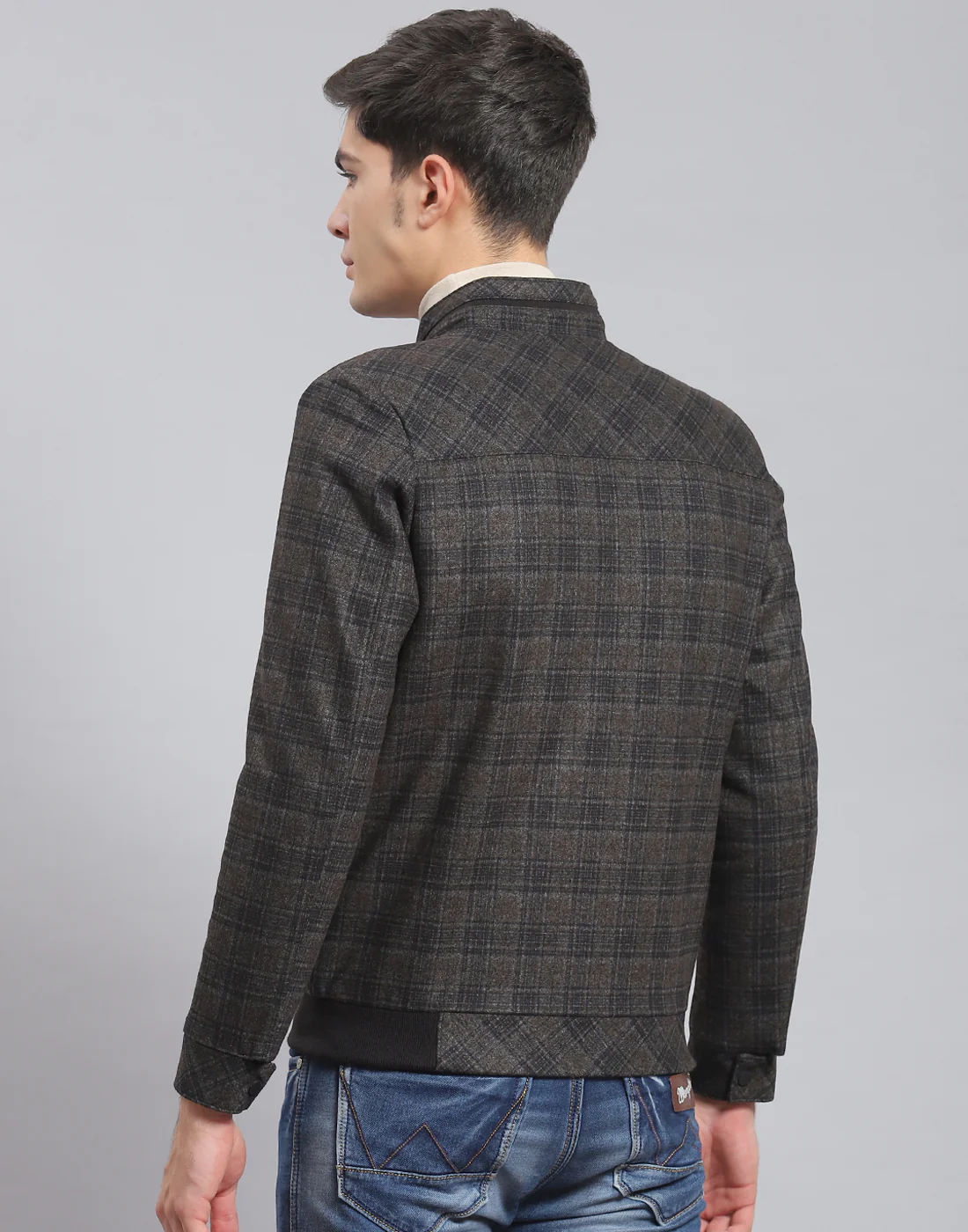 Men Brown Check Stand Collar Full Sleeve Coat - Image 5