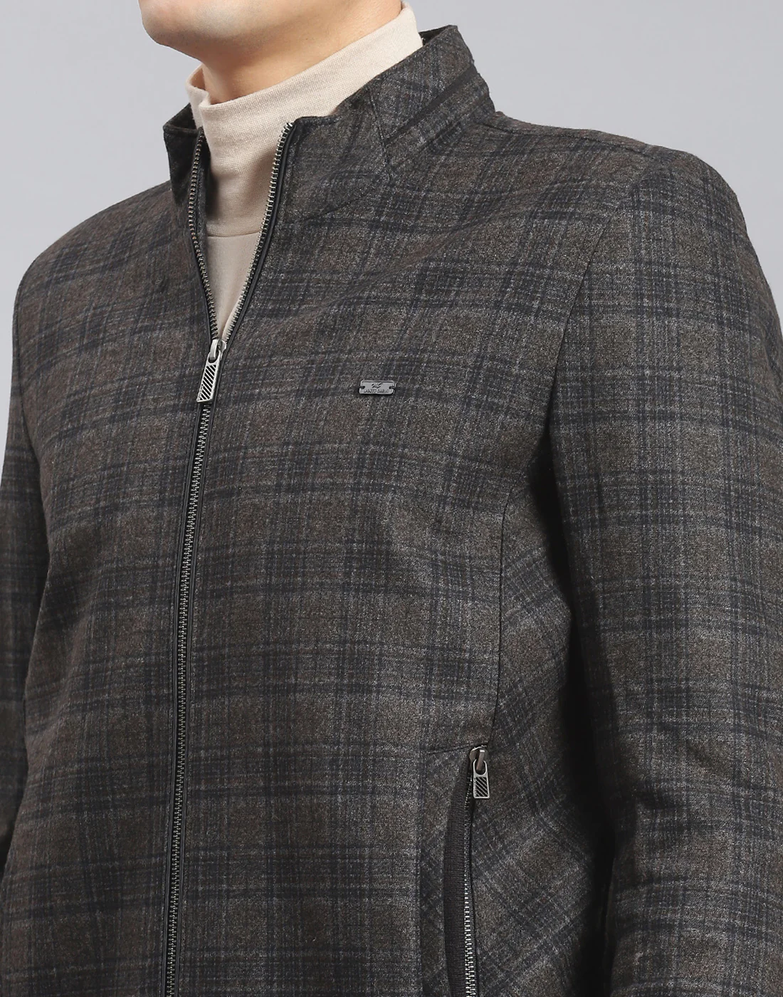 Men Brown Check Stand Collar Full Sleeve Coat - Image 6