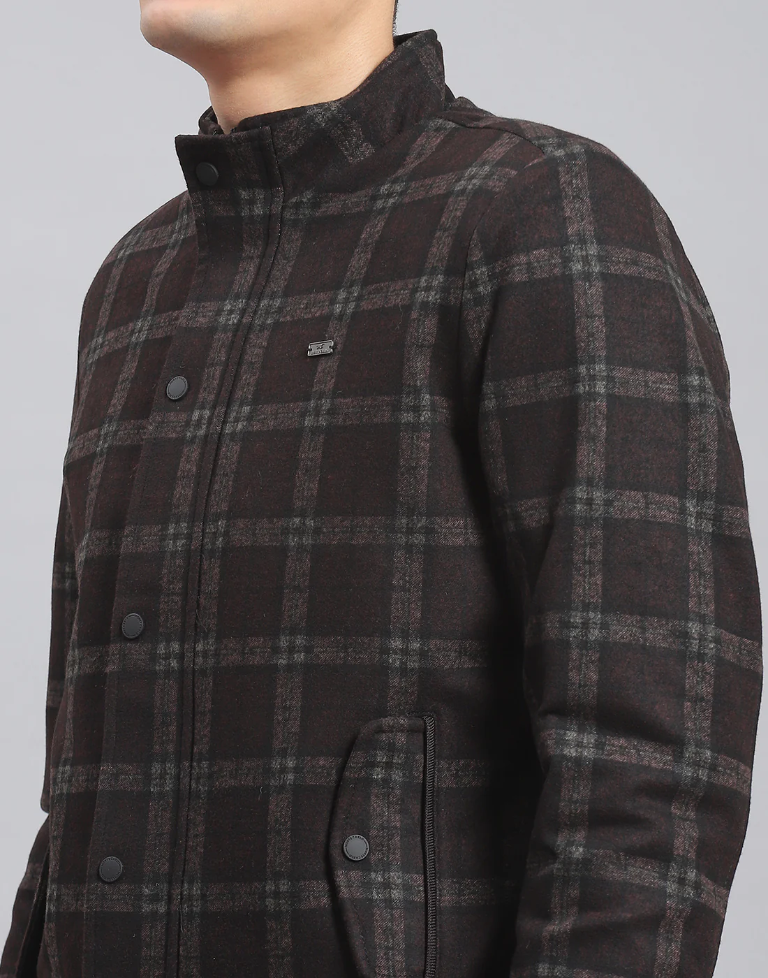 Men Brown Check Stand Collar Full Sleeve Coat - Image 6