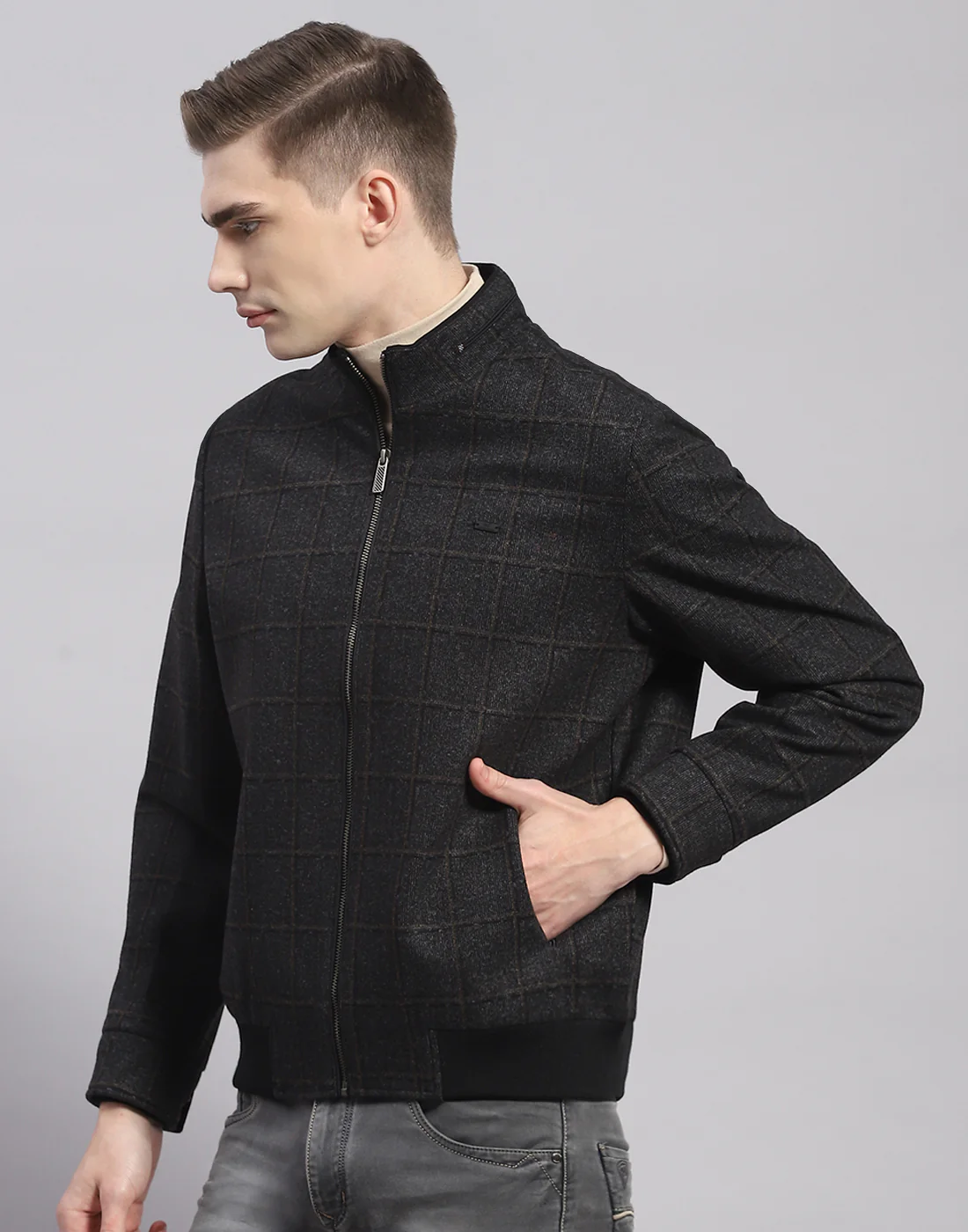 Men Brown Check Stand Collar Full Sleeve Jacket - Image 3