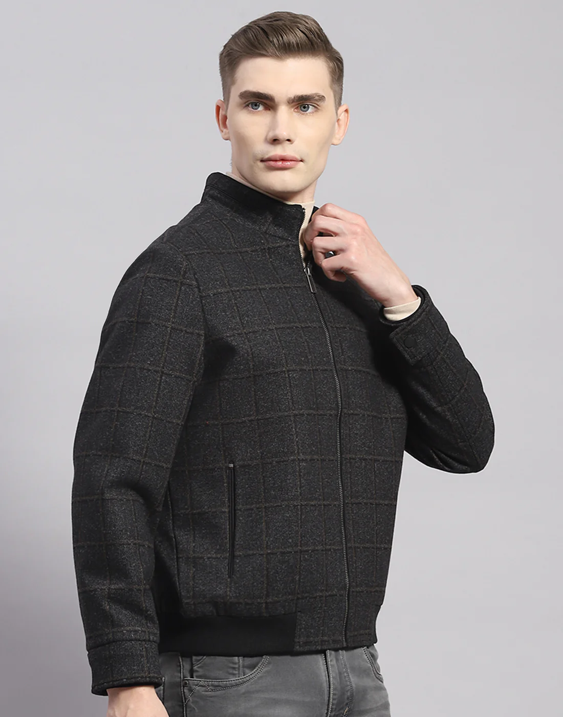 Men Brown Check Stand Collar Full Sleeve Jacket - Image 4