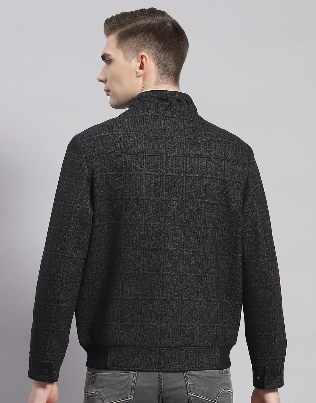 Men Brown Check Stand Collar Full Sleeve Jacket - Image 5