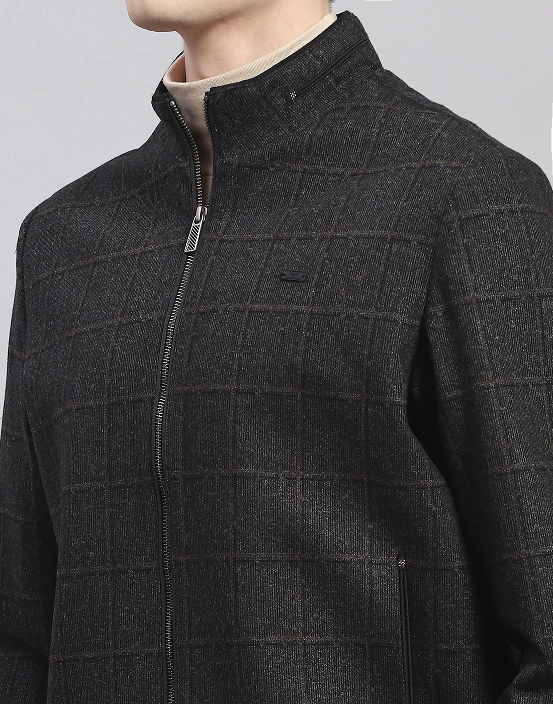 Men Brown Check Stand Collar Full Sleeve Jacket - Image 7