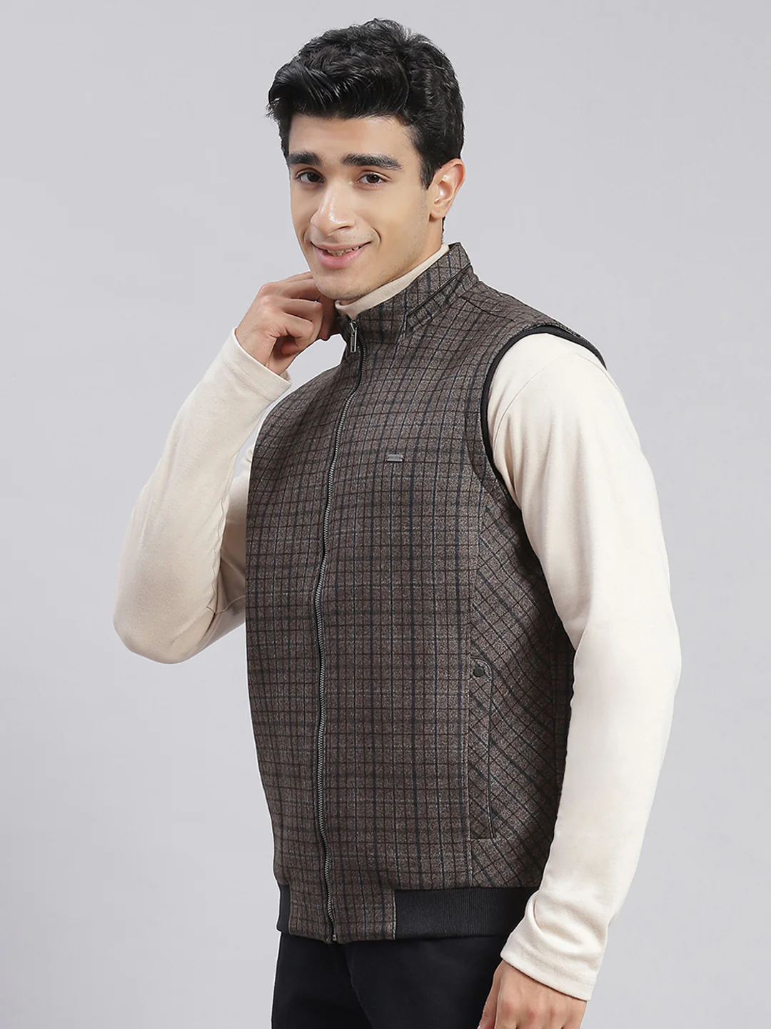Men Brown Check Stand Collar Sleeveless Jackets - Image 5
