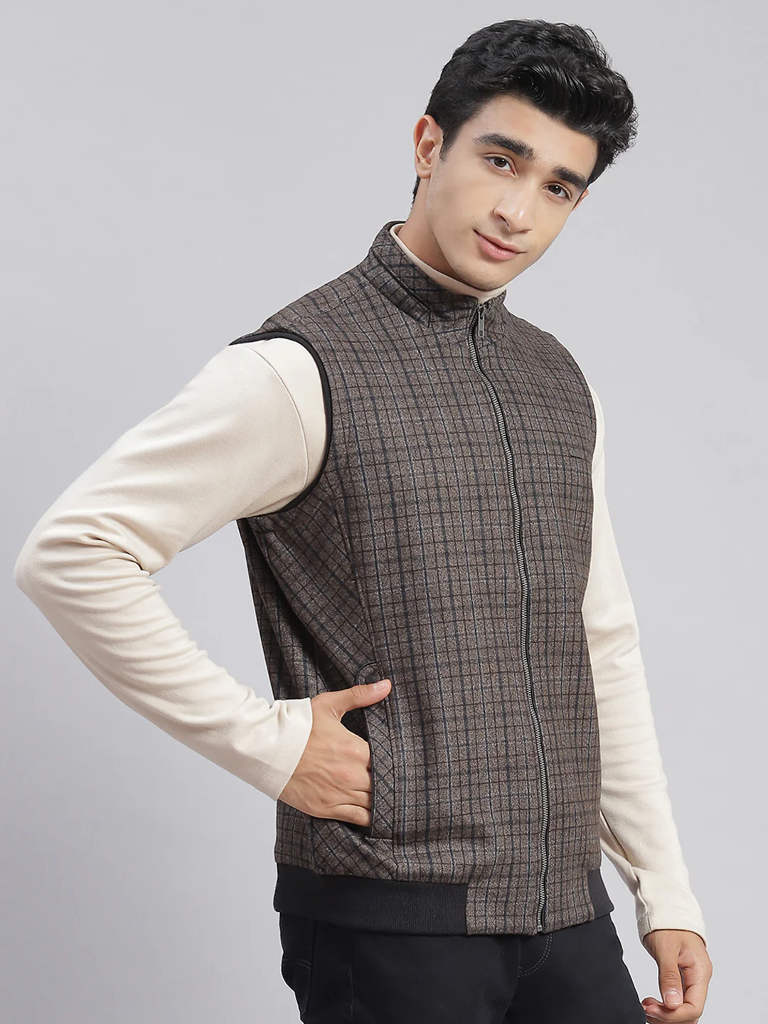 Men Brown Check Stand Collar Sleeveless Jackets - Image 6