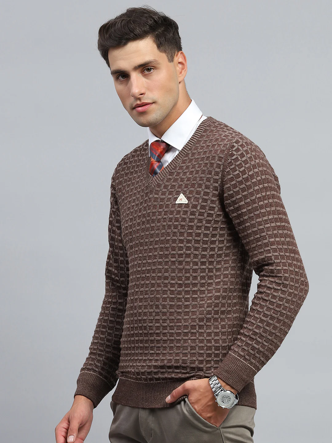 Men Brown Check V Neck Full Sleeve Pullover - Image 3