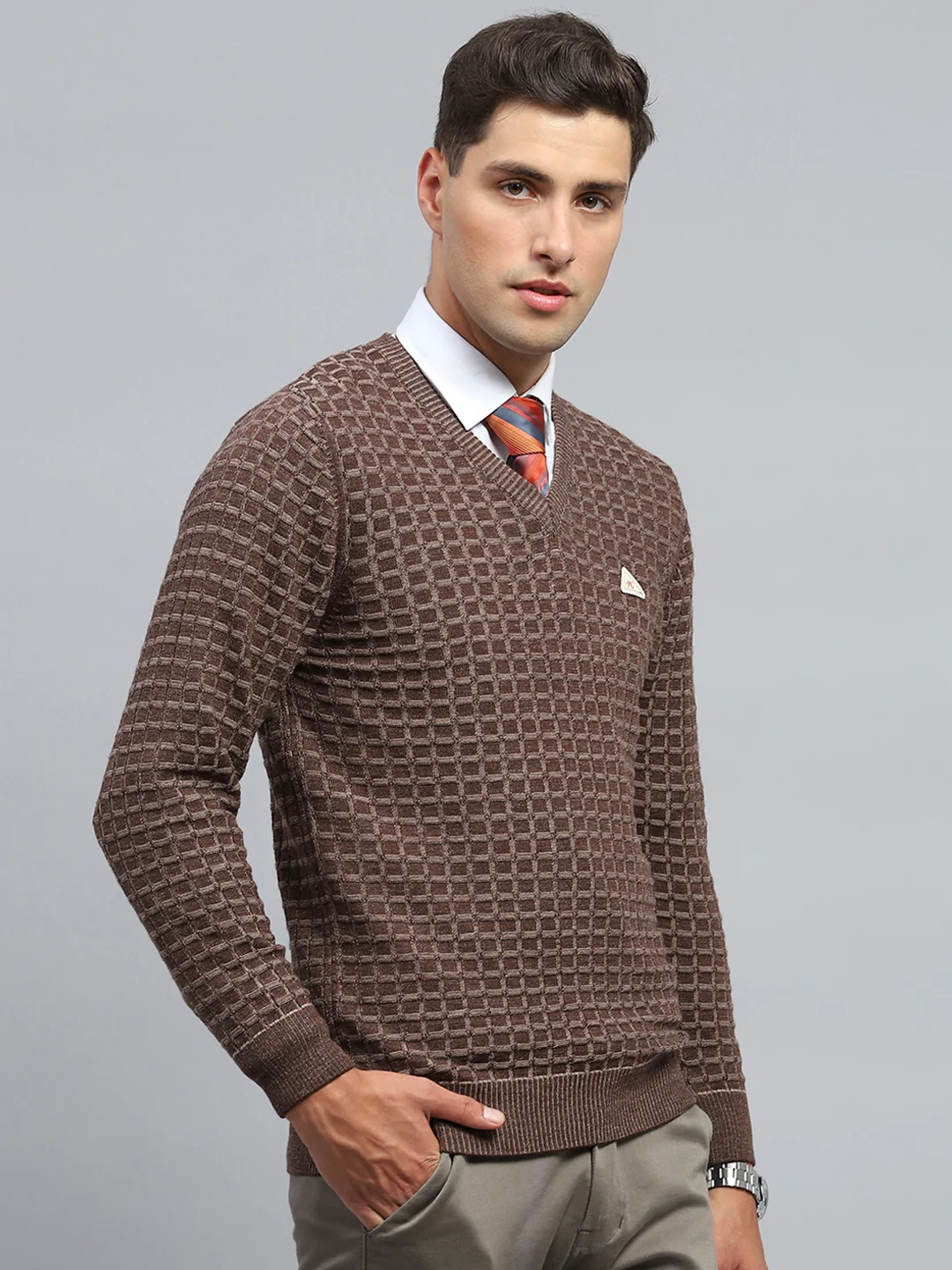 Men Brown Check V Neck Full Sleeve Pullover - Image 4