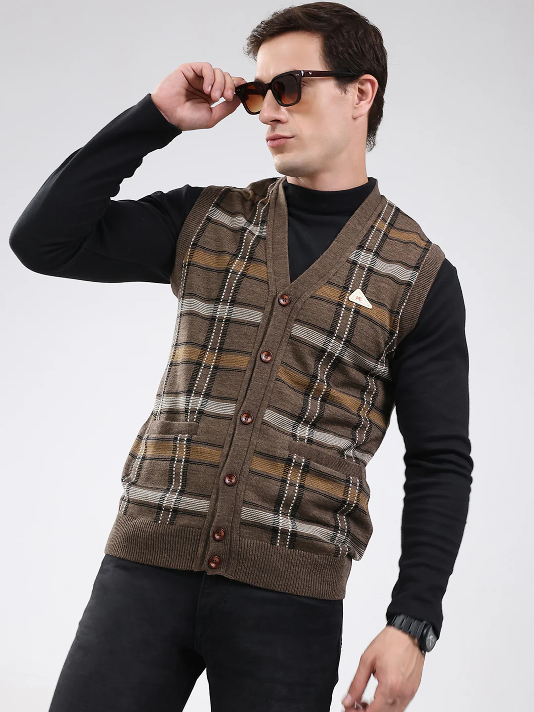 Men Brown Check V Neck Sleeveless Cardigan - Image 6