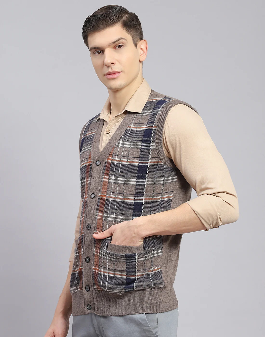 Men Brown Check V Neck Sleeveless Sweater - Image 3