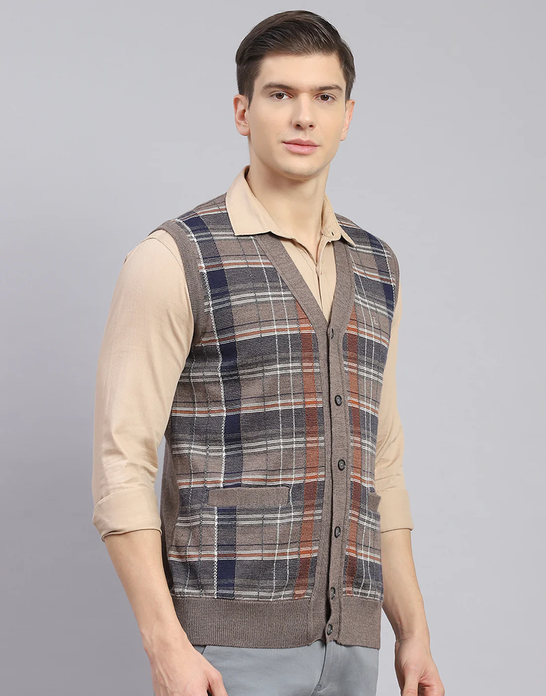 Men Brown Check V Neck Sleeveless Sweater - Image 4